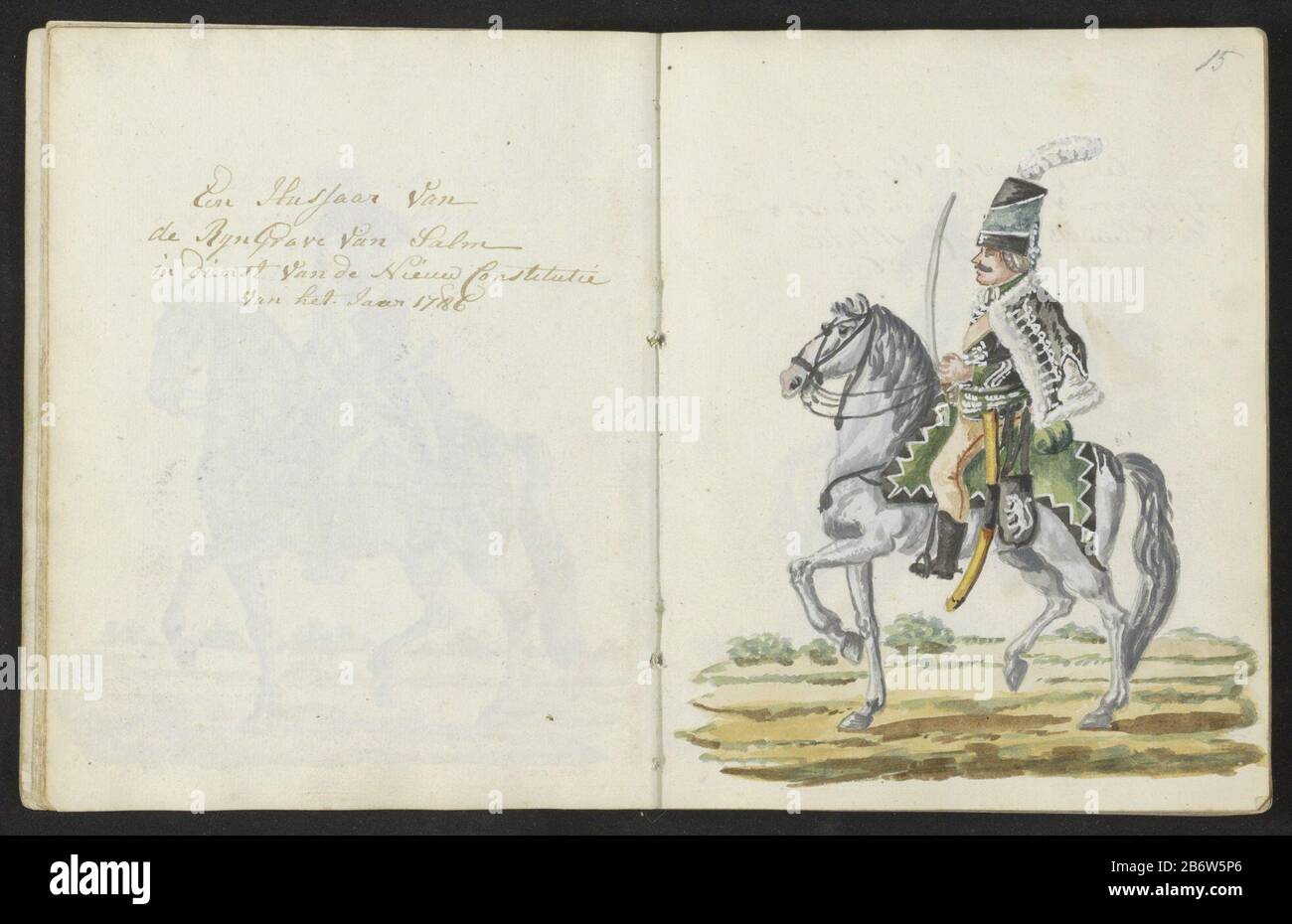 Huzaar van de Rijngraaf van Salm en 1786 Een Hussaar van de Rijngrave van Salm à dienst van de Nieuw Constitutie van het Jaar 1786 (objet op titel) l'uniforme des hussards du Rhin Comte of Salm en 1786. Partie du deuxième chapitre sur les nouveaux uniformes pour la période 1783-1787. Dans l'esquisse avec des dessins en couleur des uniformes portés par le personnel militaire et les membres du schutterij de la période 1770 à 1795-1796. Fabricant : rapporteur pour avis: S.G. Préparation de l'insert moulé: Amsterdam Date: 1795 Caractéristiques physiques: Stylo en couleur d'encre brune matériau: Papier technique: Dimensions d'écriture Banque D'Images