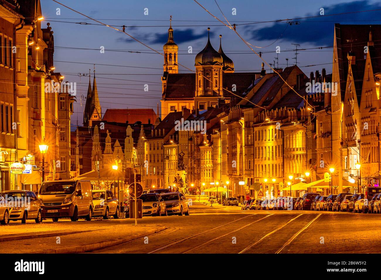 Cathédrale Notre-Dame, Perlachturm, Hôtel De Ville, Fontaine Hercules, Maximilianstrasse, Augsbourg, Swabia, Bavière, Allemagne Banque D'Images