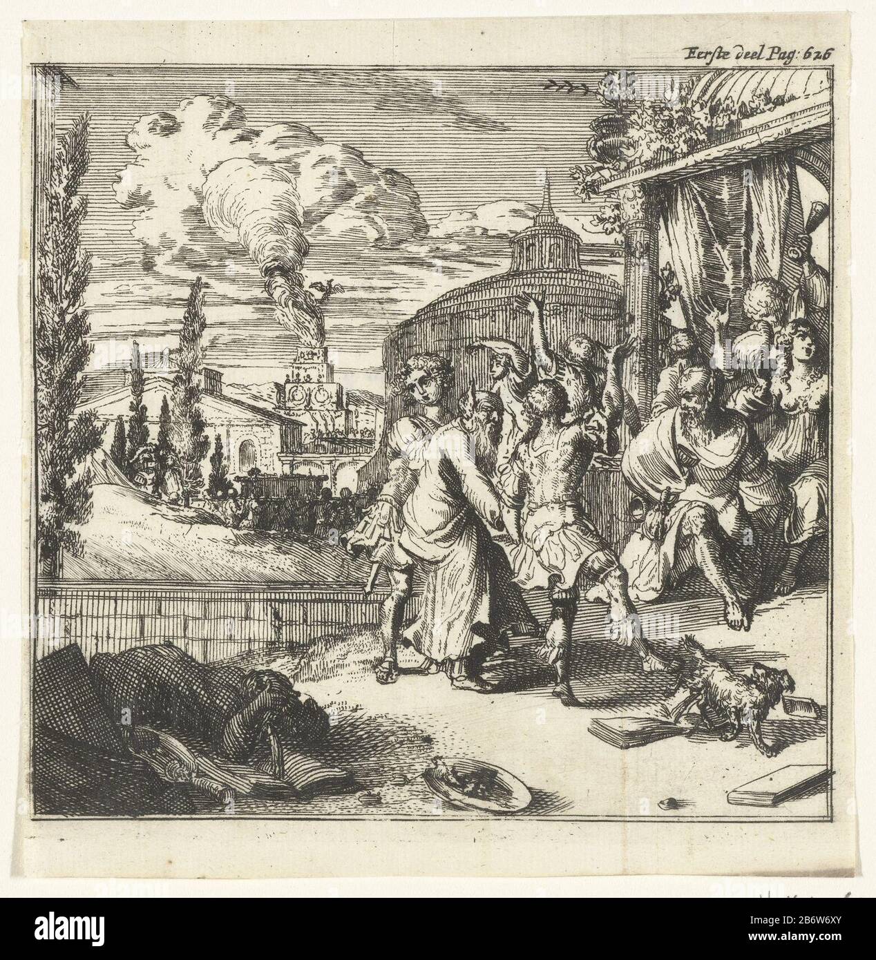 Illustratie voor 'Alle de werken' van Lucianus un groupe de femmes et de satyres dansant et buvant ensemble. Au centre se trouve la planification d'une procession funéraire passée. En arrière-plan monte le phoenix de son AS. Fabricant : printmaker: Romeyn de Hooghe à son propre design: Romeyn de Hooghe Lieu de fabrication: Amsterdam Date: 1679 Caractéristiques physiques: Matériel de gravure: Technique du papier: Gravure Dimensions: Feuille: H 130 mm × W 125 mmTopelielichtingebatie pour: Lucian , 'Toutes les oeuvress' (Amsterdam: Jan Claesz à Horn, 1679). Klinkert, C. Objet: Satyr (s) (en général) cortège, procession funèbre fabuleux Banque D'Images