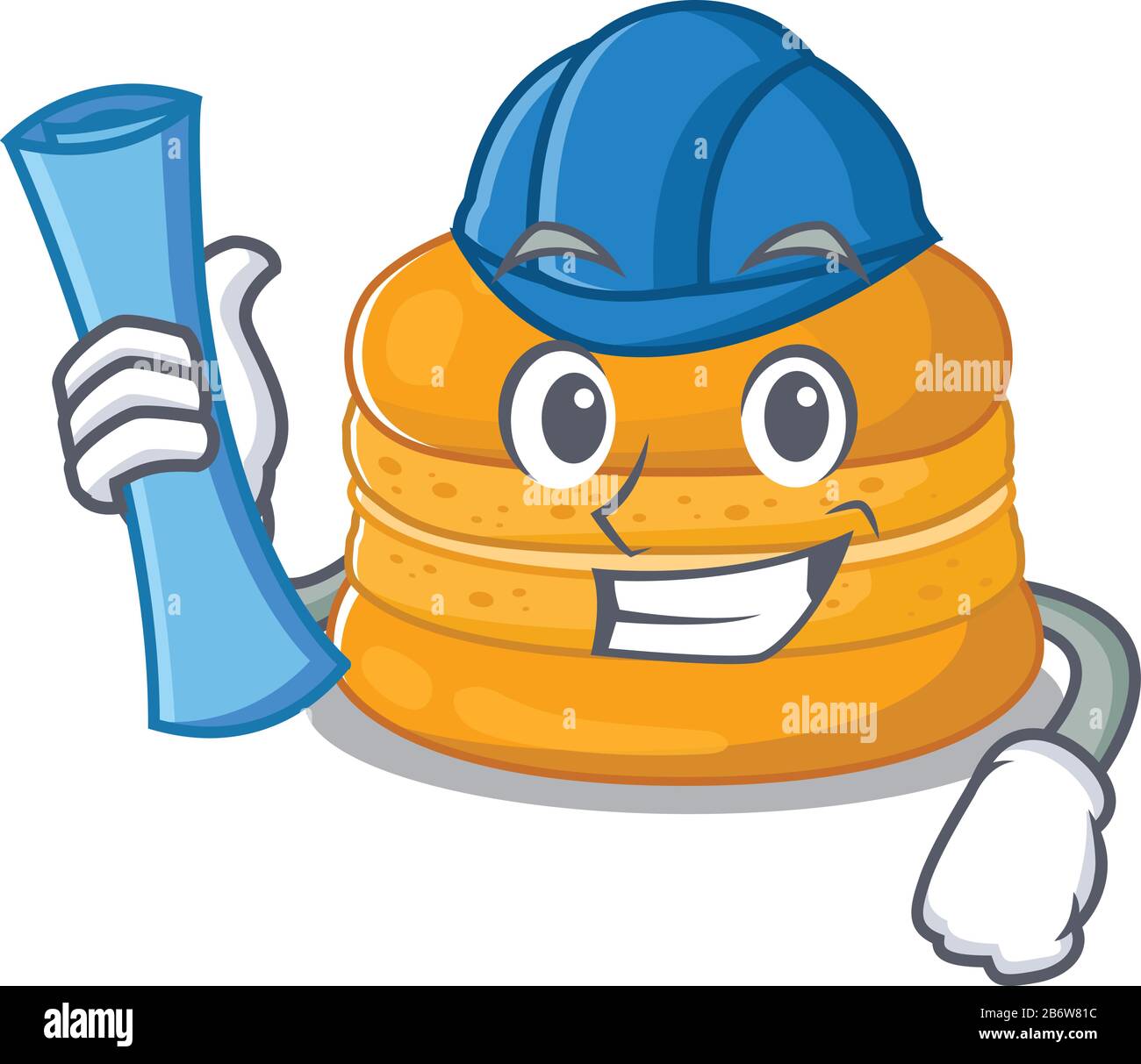 Architecte souriant de macaron orange avec des imprimés bleus et un casque bleu Illustration de Vecteur