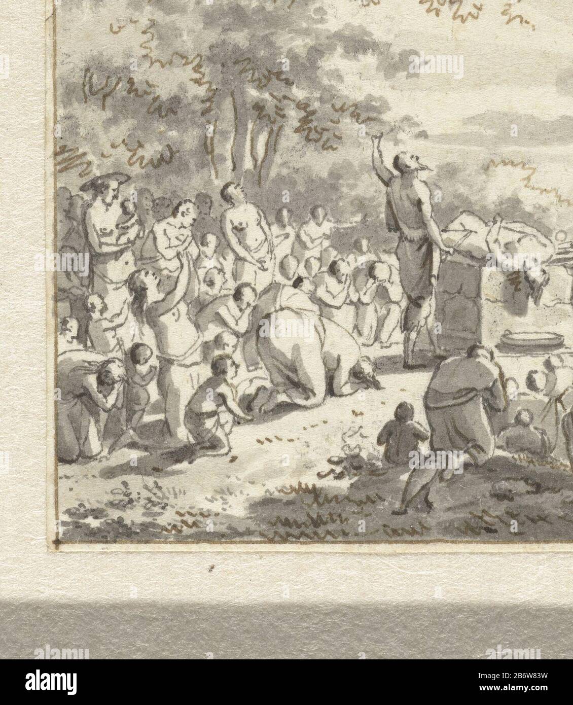 À de vroegste tyden der Batavieren Mensenoffer. Fabricant : artiste: Caricaturiste anonyme Jacques Kuyper (attribution rejetée) Lieu de fabrication: Pays-Bas Date: CA. 1789 - ca. 1810 Caractéristiques physiques: Stylo en marron et gris, pinceau en gris: Encre de papier technique: Stylo / pinceau dimensions: H 65 mm × b 55 mm Objet: Éteint, peuples "historiques" (avec LE NOM) sacrifice humain  religion non-chrétienne période romaine aux Pays-Bas Banque D'Images