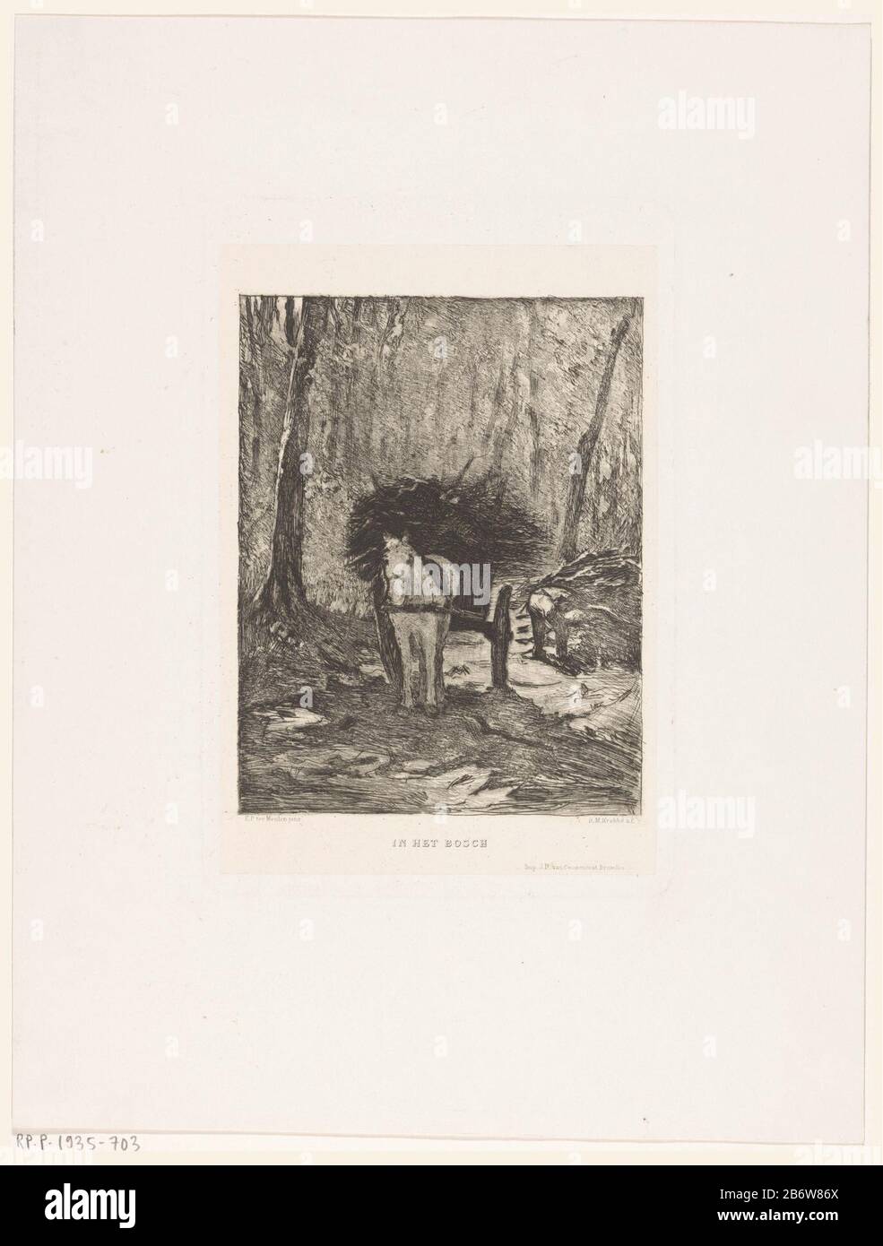 Dans Het bosch (originele titel op object) Dans une forêt est un cheval et chariot chargé de bois de chauffage. Droite choisit un homme stobyed branches grond. Fabricant : printmaker: Heinrich M. Krabbe (propriété cotée) à la peinture de François Pieter ter Meulen Editeur: J.B. van Campenhout Lieu de fabrication: Bruxelles Date: 1878 - 1931 Caractéristiques physiques: Gravure sur chine collé matériel: Chine technique collé: Gravure Dimensions: Bord de la plaque: H 217 mm × W 147 mm Objet: véhicule à roues horsetwo dessiné par une forêt animale, approvisionnement en bois et légal Banque D'Images