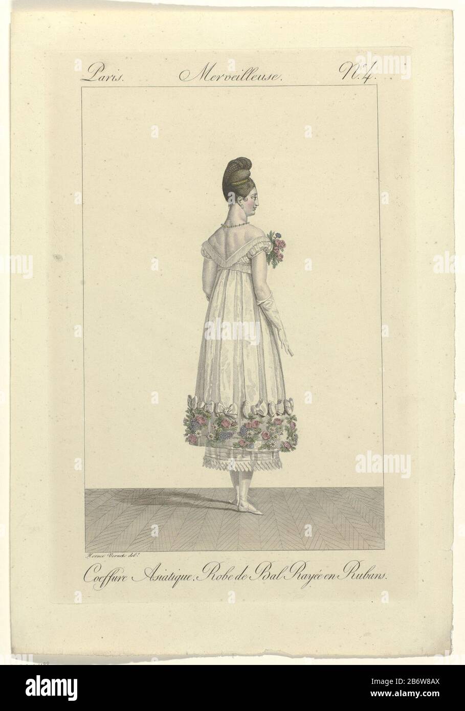 Incroyables et Merveilleuses, 1810, Merveilleuse, No 4 Coeffure Asiatil ()  'Merveilleuse', vu du dos, avec une 'coeffure Asiatique '. Elle porte une  robe de bal rayée avec des rubans à l'ourlet décorés