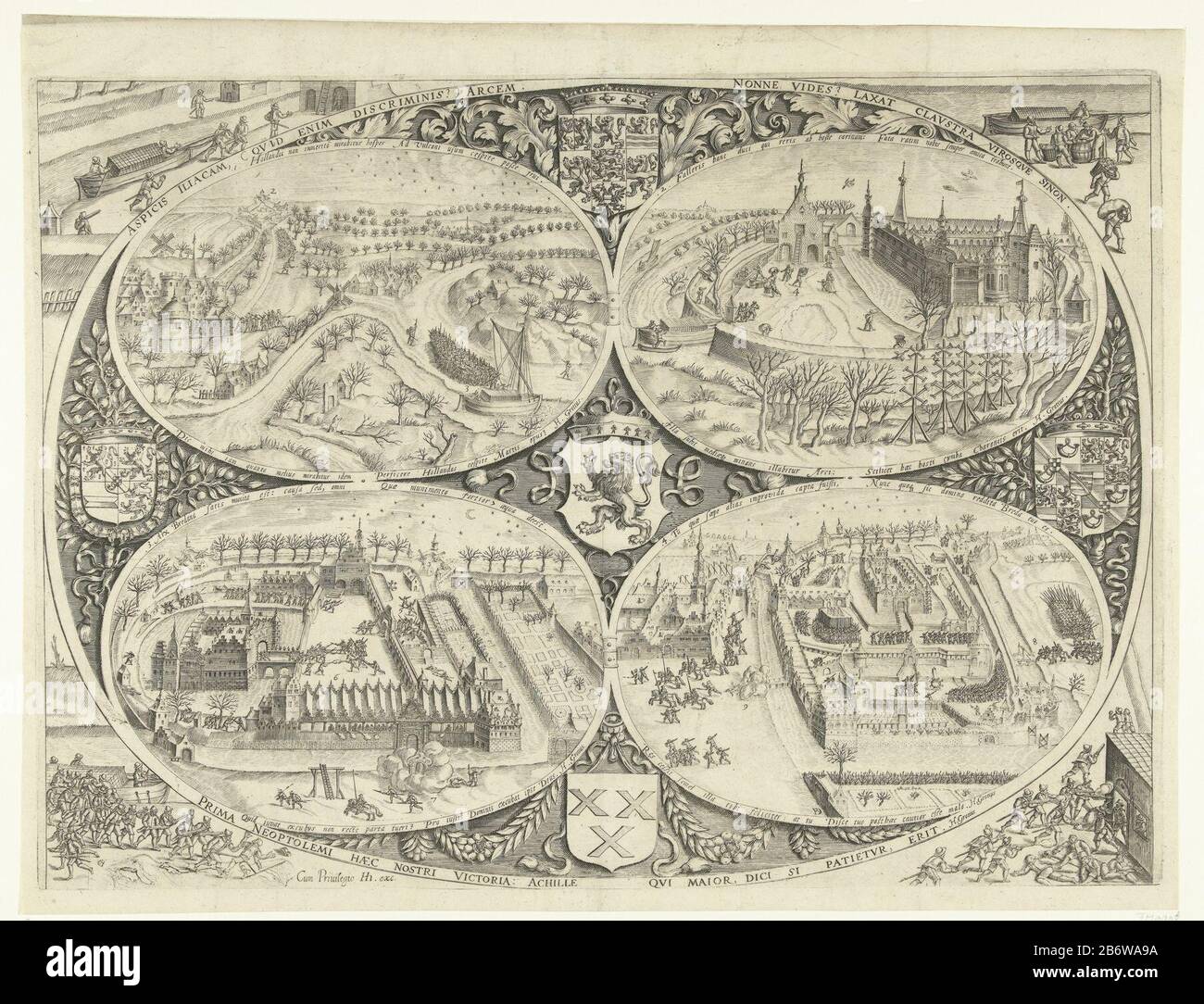 Inname van Breda, 1590 l'ingestion de Breda par l'armée américaine sous Maurice, 4 mars 1590. Présenté en quatre ovales numérotés. En haut à gauche (1): Embarquement turfschip; en haut à droite (2): Il est retiré turfschip le château; à gauche (3): Les troupes sortent, et viennent avec les occupants; à droite (4): Arrivée des troupes de Maurice et fuite des envahisseurs. Autour d'ici, les bras des sept provinces de Guillaume d'Orange et de Maurice, le Duché de Brabant et la ville de Breda. Avec inscriptions à Latijn. Fabricant : Printmaker: Bartholomeus Willemsz. Doendo (propriété listée) écrivain: HU Banque D'Images