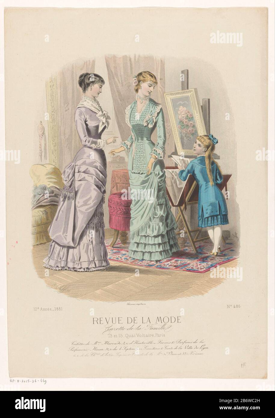 Intereur met twee vrouwen en een meisje dat prenten bekijkt intérieur avec deux femmes et une fille imprime bekijkt Type d'objet : mode imprimer Numéro de série: 486 / Numéro d'objet: RP-P-2015-26-669 Inscriptions / marques: Marque du collectionneur, verso, estampillée: Lugt 2228 Fabricant: Printmaker: Anonyme à la conception: E. Cheffer (indiqué sur l'objet) bouton: Falconer (indiqué sur l'objet) Lieu de fabrication: Paris Date: 1881 Caractéristiques physiques: Gravure et engrement, matériau de couleur manuelle: Technique du papier: Gravure / engrera (procédé d'impression) / Dimensions de couleur à la main : feuille: H 374 mm × W 292 mmToeliechtingPr Banque D'Images