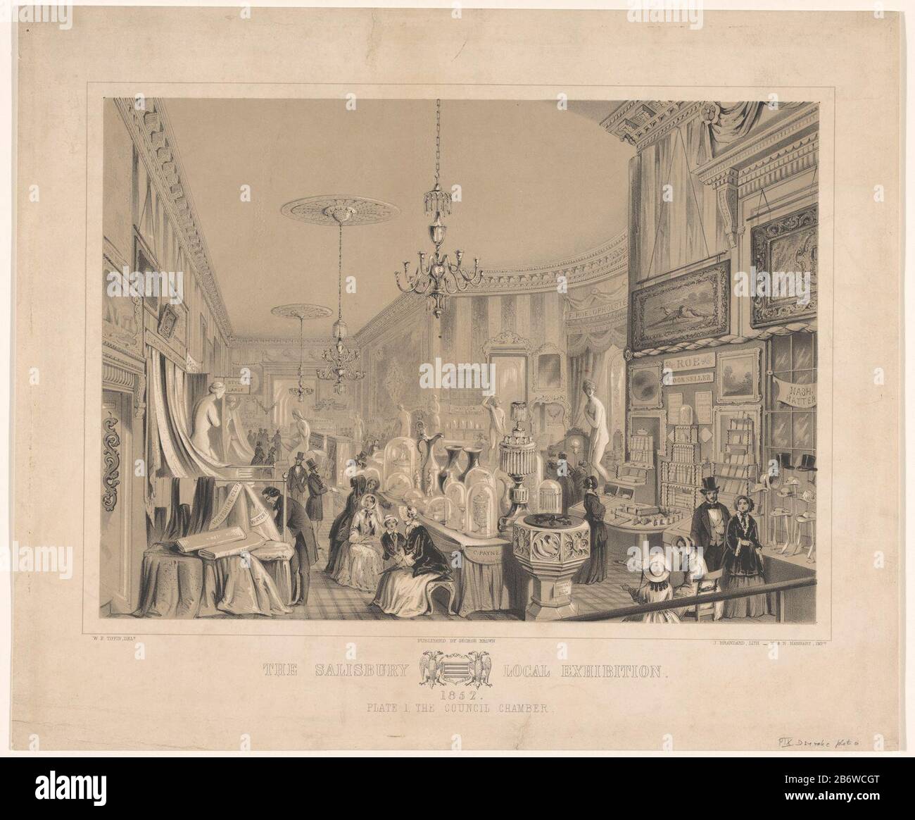 Intereur van de Council Chamber tijdens de Salisbury local Exhibition, 1852 The Salisbury local Exhibition 1852 plate 1, The Council Chamber (titel op object) intérieur avec des hommes, des femmes et des enfants regardant les produits exposés. Juste avant la librairie Roe Où: Apparemment Edward Roe de Salisbury. Sous le bras de Salisbury. Fabricant : printmaker John Brandard (propriété cotée) à dessin: Walter Francis Tiffin (bâtiment coté) imprimante: M. & N. Hanhart (bâtiment coté) Editeur: George Brown (objet coté ) Lieu de fabrication: Imprimante: London Éditeur: Salisbury Date: 1852 Physica Banque D'Images