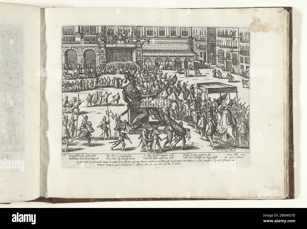 Intocht van de hertog van Anjou te Antwerpen, 1582 Serie 8 Nederlandse Gebeurtenissen, 1577-1583 (servietitel) entrée du duc d'Anjou à Anvers, 1582Serie 8: Dutch Events, 1577-1583 (titre de la série) Type de bien: Imprimer nouvel album photo Numéro de série: 222 / 4698.784-P: FMH 413-222Hellwig 232New Holllstein Dutch B175-4 (5) Description: Arrivée festive d'Anjou à Anvers, 22 février 1582. La procession avec le duc arrive au marché Où: Une photo du géant Druon état. Avec signature de 8 lignes en allemand et deux lignes en français Banque D'Images