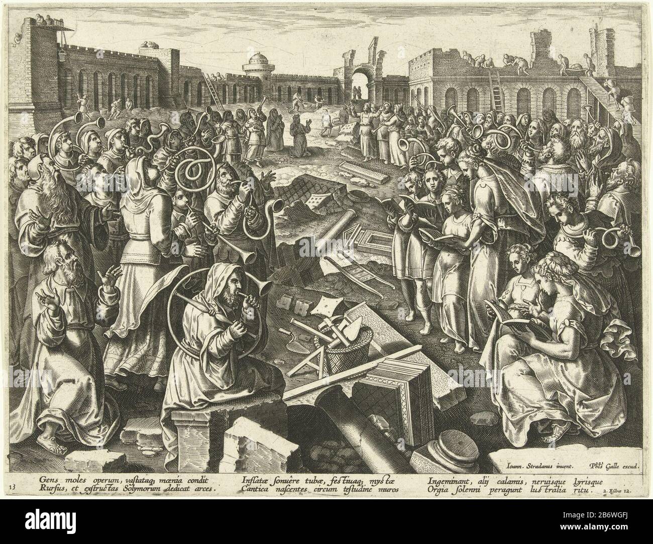 Inwijding van de fondamentaen van de Tweede tempel van Jeruzalem Loflied op de muziek (serietitel) Encomium Musices (serietitel) Pendant la construction des fondations du second temple Dieu est loué par la musique et la chanson (Esdras 3: 10-12). La photo a une légende avec des versets latins. L'imprimé fait partie d'une série de scènes de l'ancien Testament traitant de muziek. Fabricant : printmaker: Adriaen Collaertnaar dessin: Stradanus (bâtiment classé) éditeur: Philip Galle (propriété cotée) écrivain: Joannes BochiusPlaats fabrication: Anvers Date: 1587 - 1591 Caractéristiques physiques: Voiture mater Banque D'Images