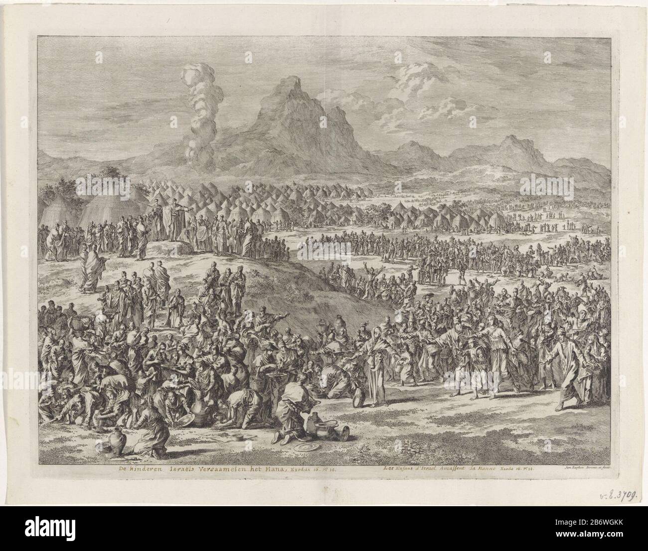 Les Israélites collectent la manna dans des pots et des paniers. Le milieu gauche Moïse avec son personnel et Aäron. Fabricant : printmaker Jan Luyken (propriété listée) fournisseur de privilège inconnu (bâtiment listé) Daté: 1708 Caractéristiques physiques: Gravure; matériau d'épreuvage: Technique du papier: Gravure Dimensions: Bord de la plaque: H 344 mm × W 446 mmTopelichtingProefdruk illustration pour: Icones Biblicae Veteris et Novi Testamenti, Amsterdam Pieter Mortier, 1708. Objet: La collecte de manna (dans des paniers et des pots) Banque D'Images
