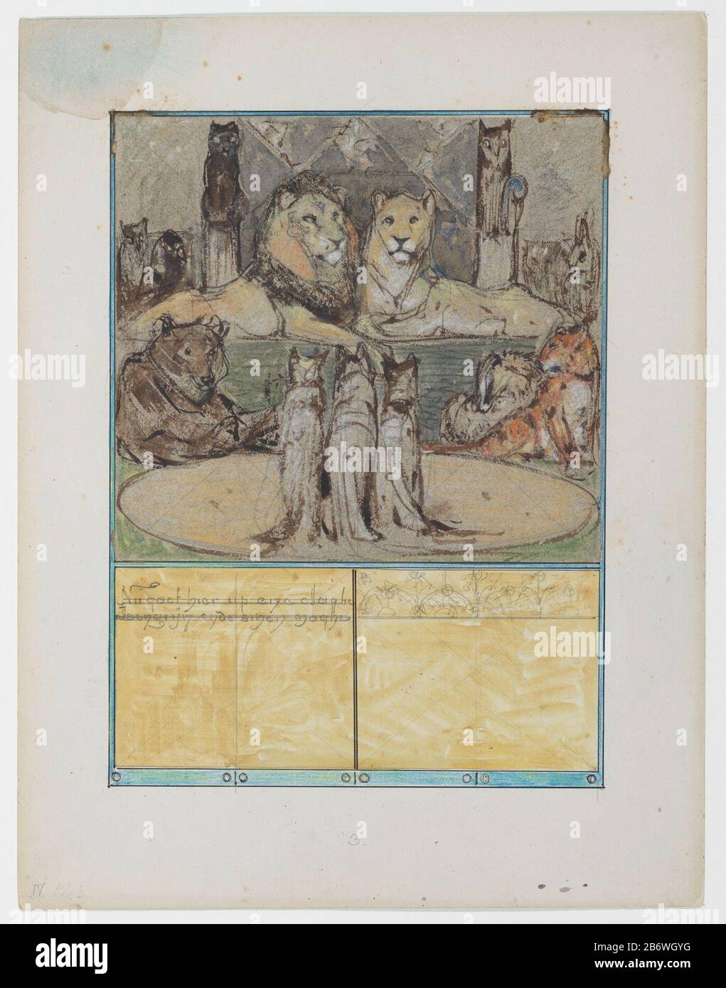 IseRIM voor koning Nobel Design for illustration (fol 4, deuxième projet.): Le renard Reinaerde; Isejante, le loup, pour le roi Nobel. Fabricant : artiste: Bernard Willem Oms: Patinoire 1866 - 1939 Caractéristiques physiques: Crayon, stylo en noir et pinceau en couleurs, craie de couleur renforcée avec blanc sur carton gris matériau: Papier carton craie crayon encre technique: Pinceau / stylo Dimensions: H 324 mm × W 249 mm Objet: Autres fables (REYNARD LE RENARD): Utiliser 85 (...) bêtes de proies, animaux prédateurs: Loup Banque D'Images