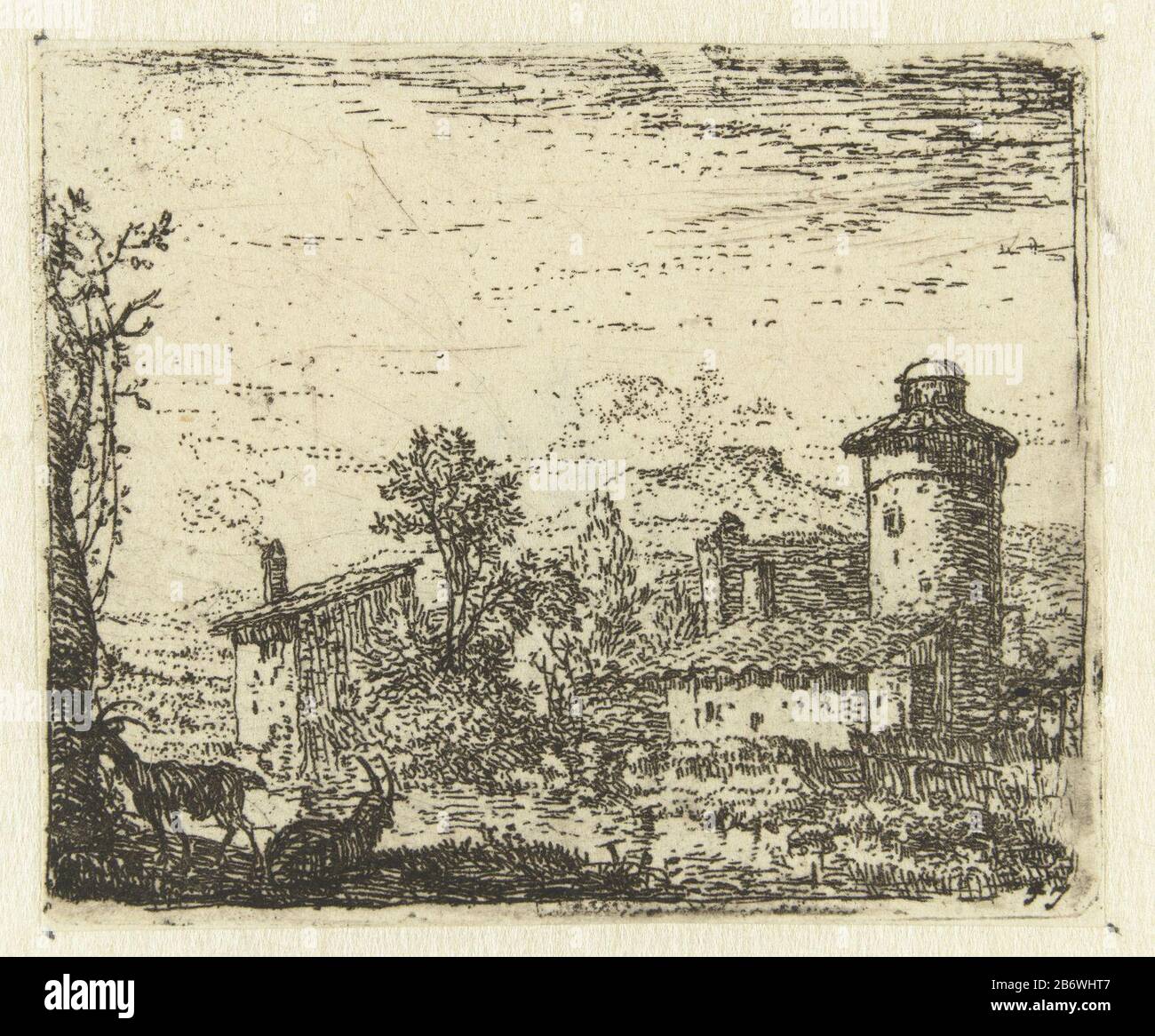 Italianiserend landschap met ronde toren en twee geiten Kleine landschappen (serietitel) paysage italien avec tour ronde et deux petits paysages de chèvres (titre de la série) Type de bien: Imprimer série: 47Objectnummer: RP-P-1885-A-9597Catalogusreferentie: Hollstein Dutch 47-3 (3) Bartssch's centre: Inscriptions / marque de bas: Machine à printmer Karel du jardin à sa propre conception: Karel du jardin Lieu de fabrication: Pays-Bas Date: 1652 - 1659 Caractéristiques physiques: Matériel de gravure: Technique du papier: Dimensions de gravure: Feuille: H 47 mm × W 57 mm Subje Banque D'Images