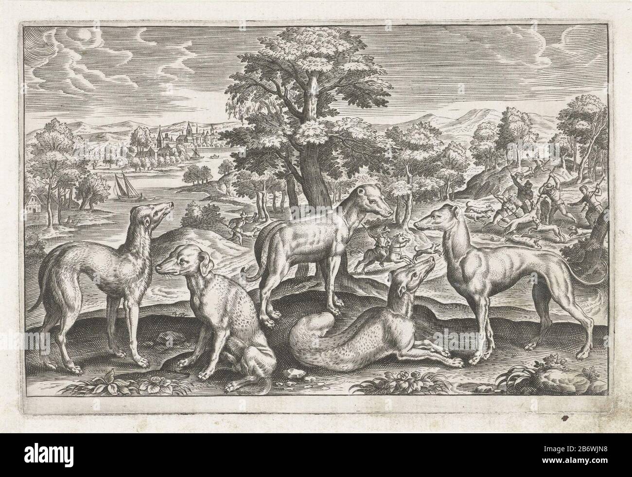 Jachthonden Vierpotige dieren (servietitel) Animalivm Qvaddrvpedvm (servietitel) au premier plan cinq chiens de chasse. En arrière-plan, un paysage avec une rivière et une chasse au loup. L'imprimé fait partie d'une série d'animaux comme Onderwerp. Fabricant : à un dessin par: Adriaen Collaertprentmaker: Anonyme Publisher: Nicolaes Visscher (I) (attribué à) Lieu de fabrication: A design by: Antwerpen Print auteur: Inconnu Publisher: Amsterdam Date: 1595 - 1652 Caractéristiques physiques : engraa matière: Papier technique: Engraa (processus d'impression) mesures: Bord de la plaque: H 122 mm × W 192 mm sous-jectthunt Banque D'Images
