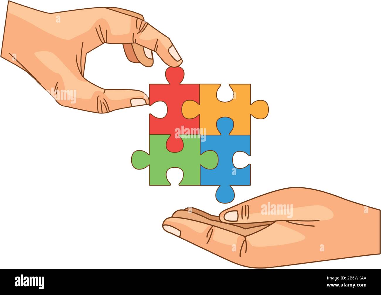 mains avec puzzle pièces de jeu icône isolée Illustration de Vecteur