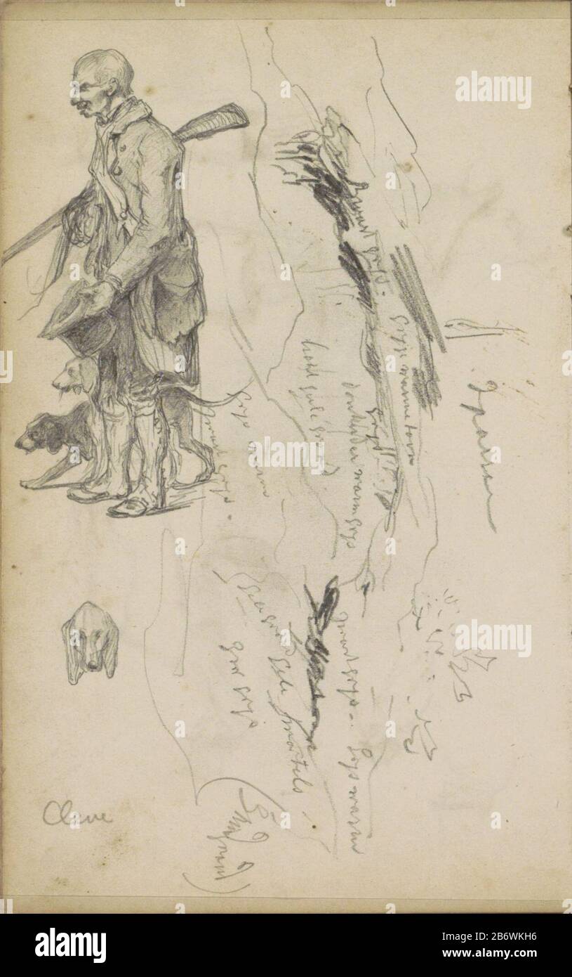 Jager a rencontré honden en een landschap Sheet 69 verso d'un sketchbook 73 bladen. Fabricant : illustrateur John TavenraatPlaats fabrication: Adhésif Date: 1839 - environ 1872 Caractéristiques physiques: Crayon matière: Crayon papier Sujet: Landschappenhunterdog Banque D'Images