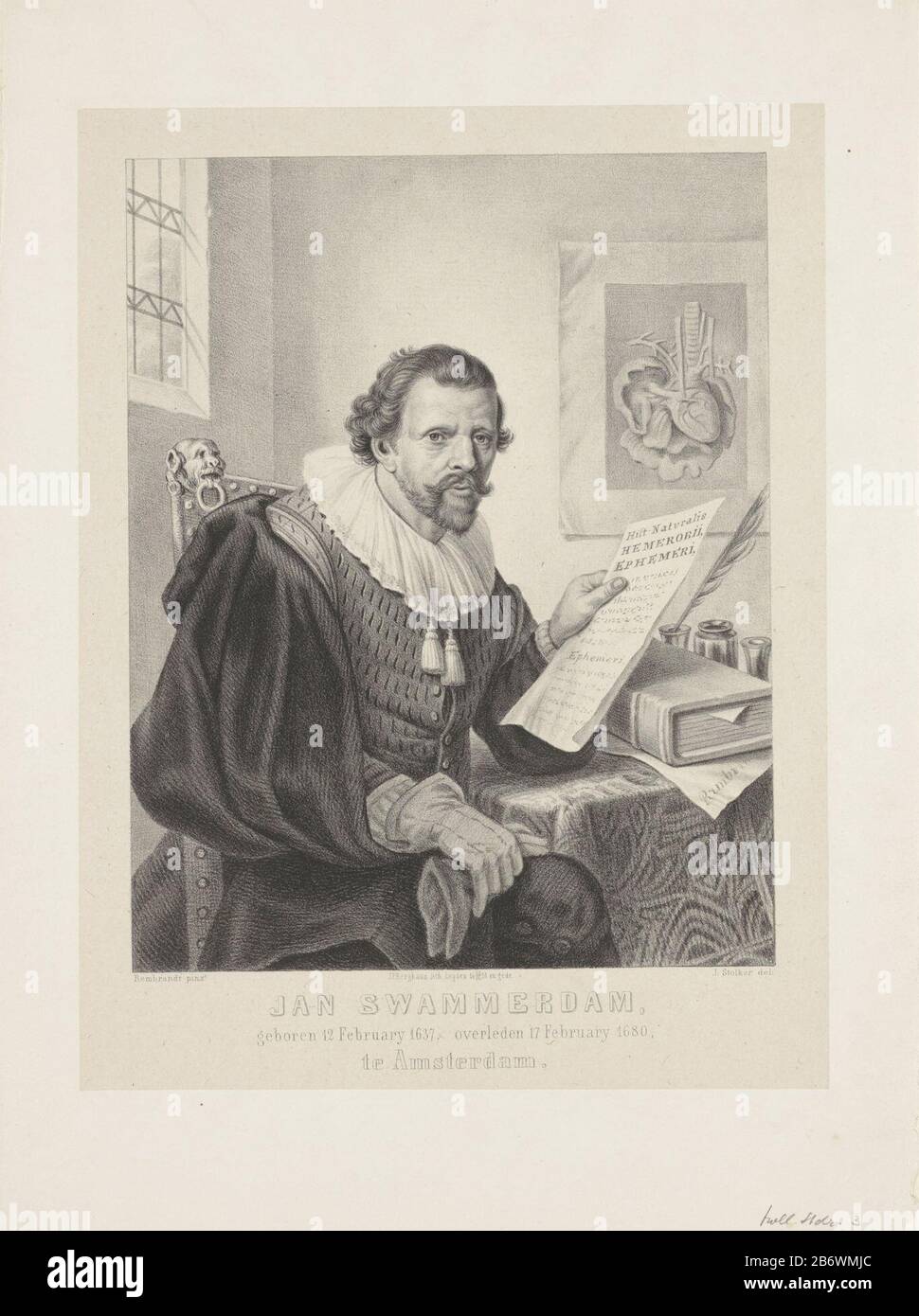 Jan Swammerdam à zijn werkkamer Le sujet est assis à une table avec un livre, du papier et des stylos. Sur le mur est un dessin anatomique des poumons. Il a tiré son gant gauche et le tenir avec sa main droite. Dans sa main gauche tient un document. L'image est basée sur un portrait de Swammerdam dans la peinture La leçon d'anatomie de Dr. Nicolaes Tulp par Rembrandt. Sous le portrait, le nom, l'adresse, la date de naissance et le décès de Swammerdam. Fabricant : printmaker: Johann Peter Berghaus (propriété cotée) conçu par Jan Stolker (propriété cotée) à la peinture: Rembrandt van Rijn (bâtiment classé) imprimante Banque D'Images