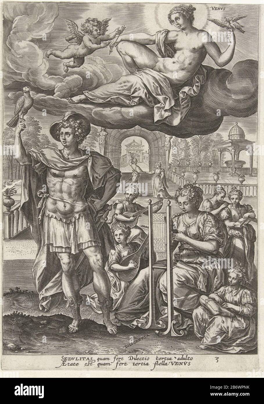 Jugd onder invloed van venus Septem planetae, septem hominis (serietitel) de zeven planeten en de zeven leeftijden (serietitel) Dans l'air flotte la déesse de la planète Vénus. Elle est accompagnée de Cupid. Au premier plan, la personnification de Diligentia, la diligence. La diligence est une fille au métier. Autour de ses autres filles engagées dans la musique et la dentelle. À côté de elle se tient un homme avec un faucon. En arrière-plan, un couple dansant. L'imprimé a une légende latine et fait partie d'une série de sept parties sur la puissance des sept planètes des sept âges de la mens. Fabricant : printmaker: Adriaen Collaert (li Banque D'Images