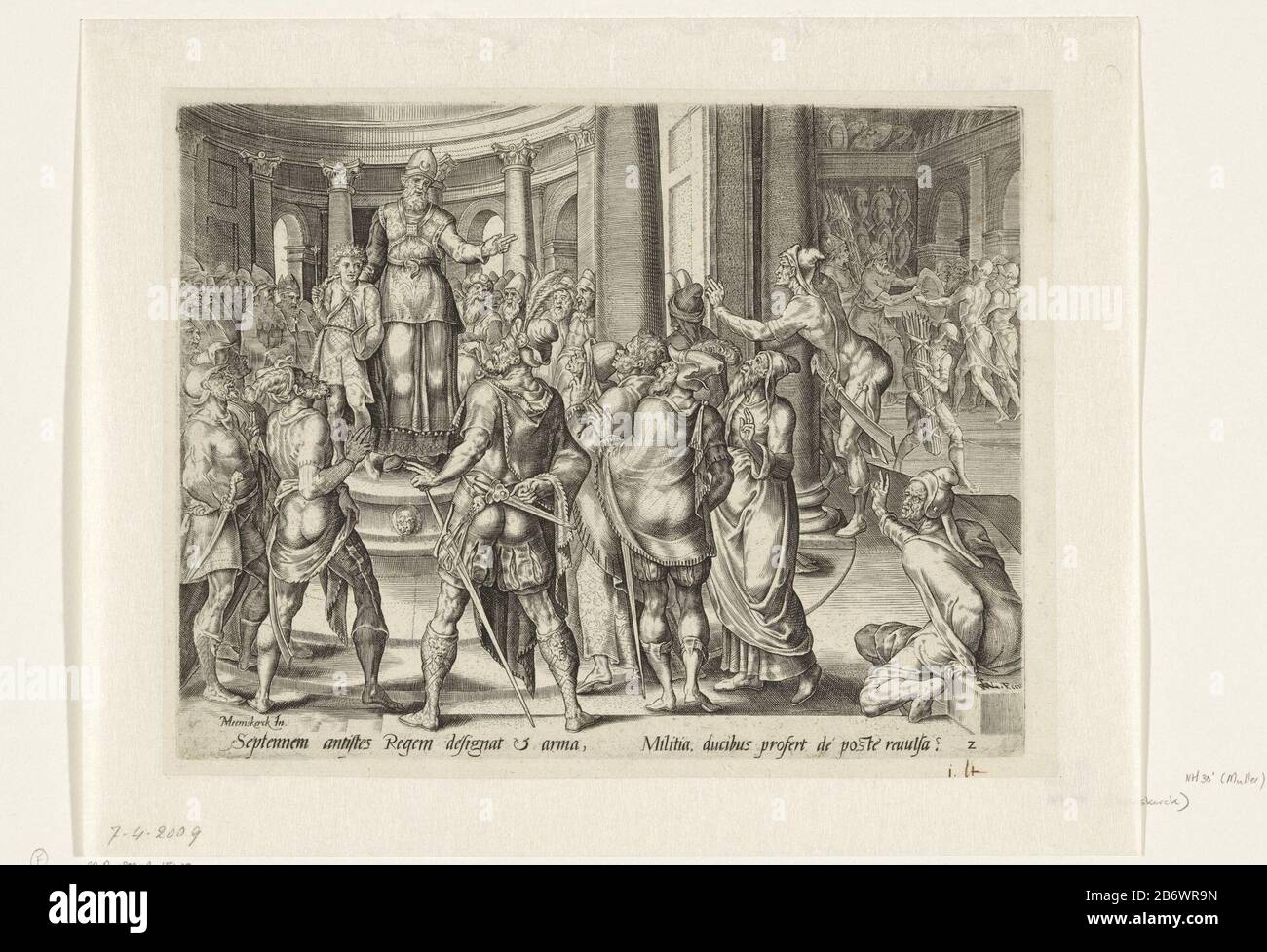 Joas aan het leger gepresenteerd Geschiedenis van Joas en koningin Atalja (serietitel) Sur une augmentation du temple, le grand prêtre roi Joash pour la garde royale. Les hommes jurent allégeance au roi. Cisailles et boucliers arrière droit pour droitiers. Au fond de la marge d'un latin fraîchement en voorstelling. Fabricant : Print Maker: Harmen Jansz Muller (indiqué sur l'objet) à dessin de: Maarten van Heemskerck (indiqué sur l'objet) à lire: Hadrianus Junius Editeur: Gerard de JodePlaats fabrication: Print Maker: Amsterdam Éditeur : Antwerpen Date: 1565 - 1569 et / ou 1585 Physi Banque D'Images
