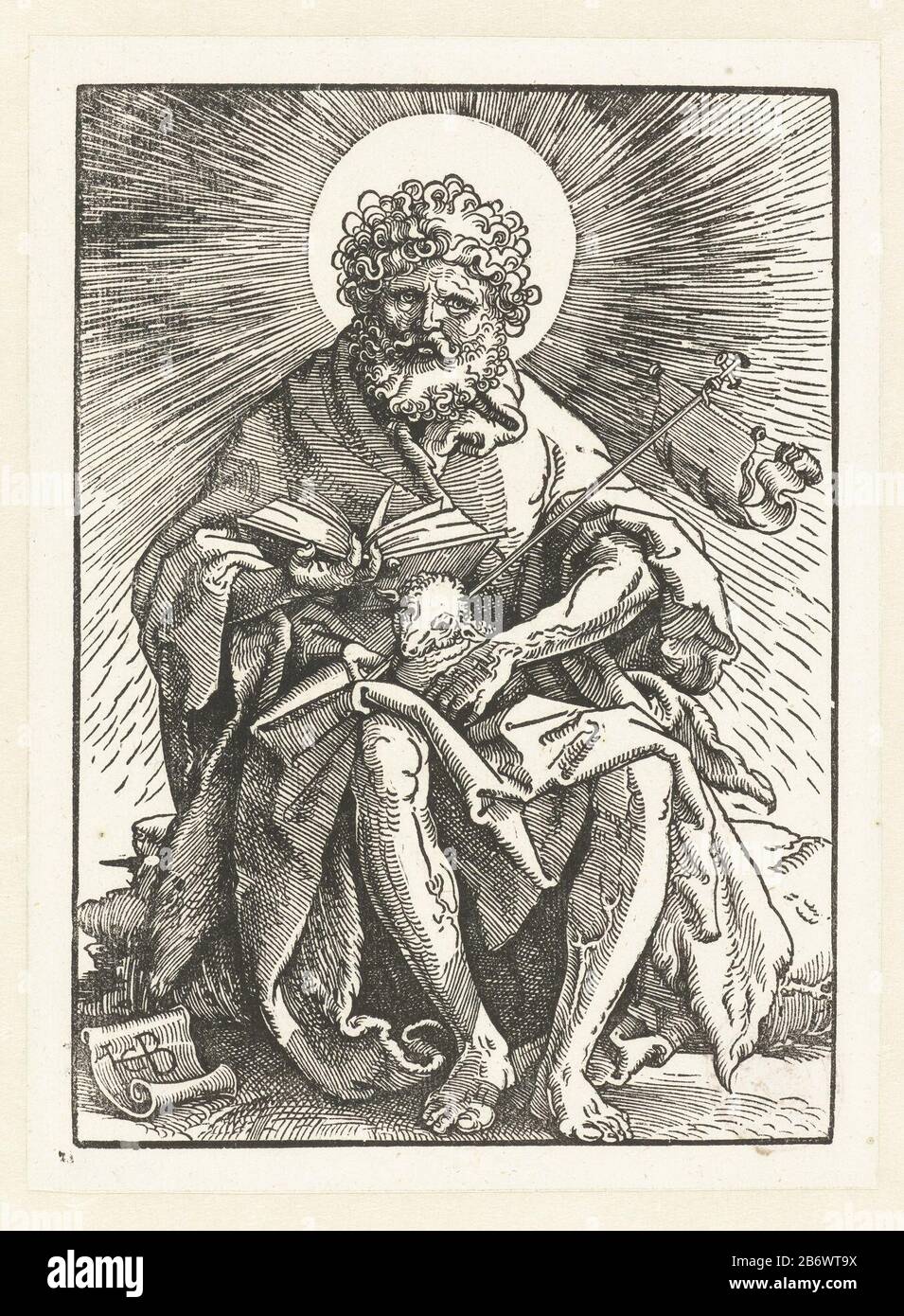 Johannes de Doper met Het Lam Gods Jean le Baptiste assis sur le Dieu d'agneau dans ses genoux. Ours d'agneau avec une paw kruisvaandel. Fabricant : printmaker Hans Baldung Grien (propriété cotée) Lieu de fabrication: Strasbourg Date: 1517 - 1521 Caractéristiques physiques: Matériau de coupe du bois: Technique du papier: Dimensions de la coupe du bois: Image: H 199 mm × W 144 mm Objet: John the Baptist; attributs possibles: Livre, croix de conduite, tasse de baptismal, nid d'abeilles, agneau, personnel Banque D'Images