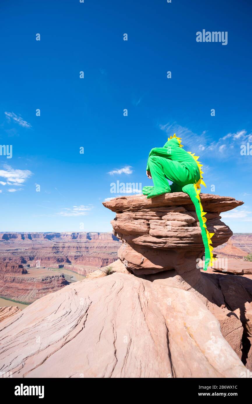 Homme lézard imreconnaissable prenant un bain de soleil sur un rocher de mesa au soleil surplombant un paysage spectaculaire du canyon Banque D'Images