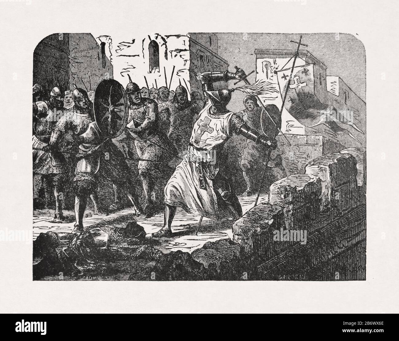 Ancienne illustration de 'Casimir' imprimée à la fin du XIXe siècle représentant un templier chevalier luttant pour sa vie à Jérusalem. Banque D'Images