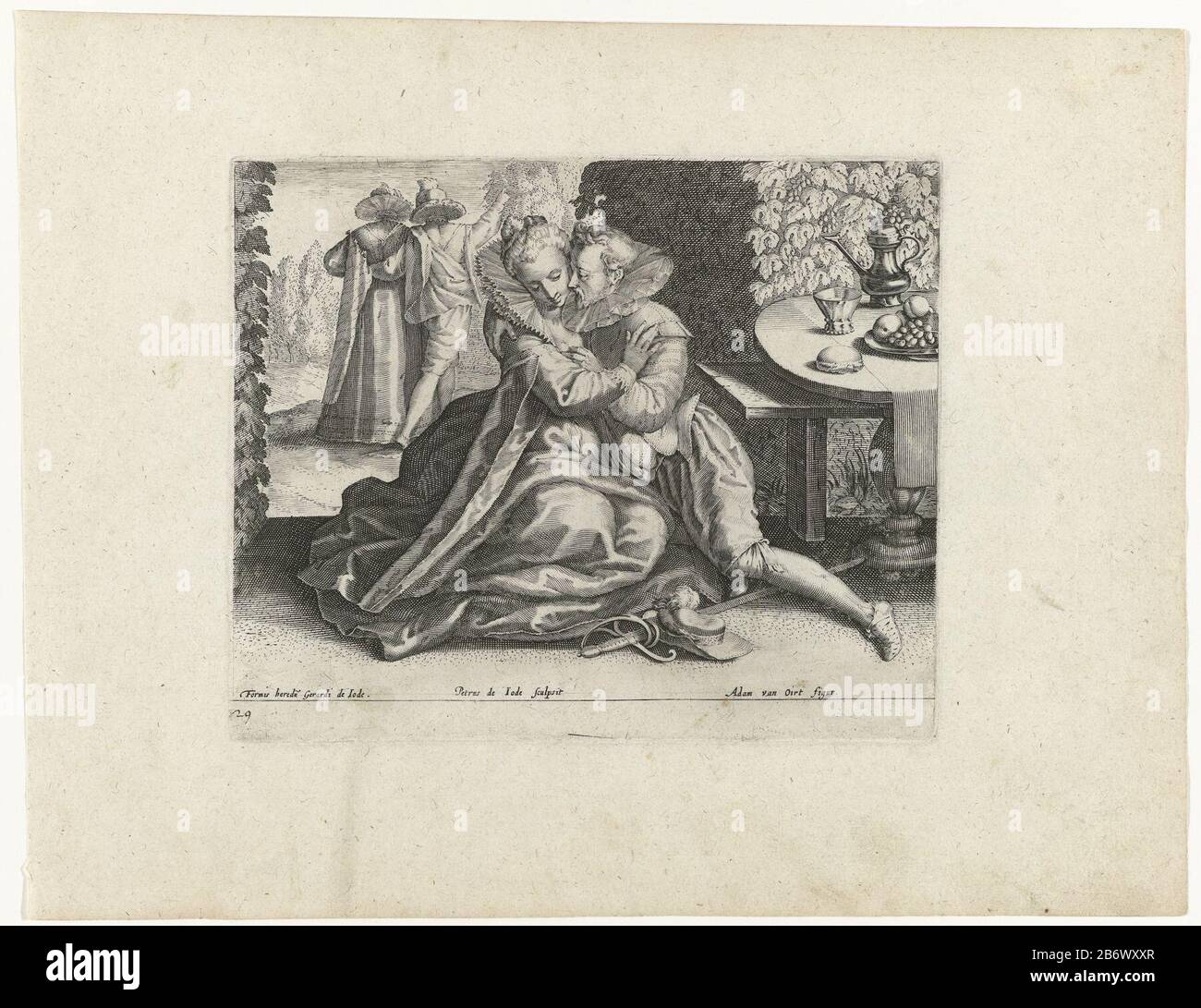 Jonge liefdesparen en tuin public habillée couple lo assis dans le jardin. À droite, une carafe à vin et des fruits de table. En arrière-plan, une autre paire ; bras dans le bras vu du dos. Pendentif de RP-P-2009-215. Fabricant : Print Maker: Pieter de Jode (I) (représenté sur l'objet) au dessin de: Adam van Noort (indiqué sur l'objet) Lieu de fabrication: Antwerpen Daté: CA. 1595 Caractéristiques physiques: Matière d'engraissement: Technique du papier: Engraa (procédé d'impression) Dimensions: H 162 mm × W 196 mm Sujet: Amoureux; courting, flirtinggarden Banque D'Images