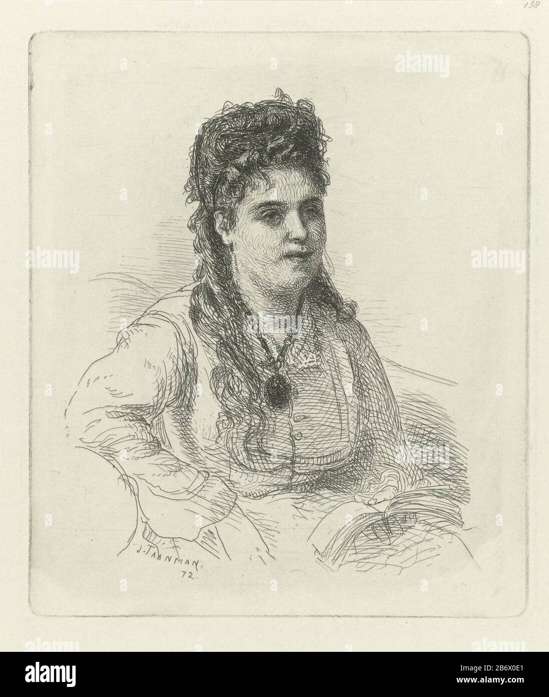 Jonge vrouw a rencontré medaillon UNE femme avec une chaîne avec médaillon autour de son cou et dans le boek battu ouvert à gauche. Fabricant : printmaker Jacob Taanman ( figurant sur l'objet) Lieu de fabrication: Amsterdam Date: 1872 Caractéristiques physiques: Matière de gravure: Technique du papier: Dimensions de gravure: Arête de plaque: H 138 mm × W 118 mm Sujet: Collier pour femme adulte (+ vêtements pour femmes) livre Banque D'Images