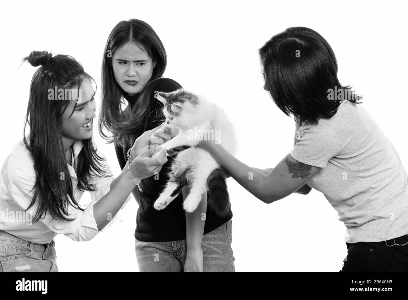 Trois jeunes amis femme asiatique jouant avec chat mignon avec un ami à la peur Banque D'Images
