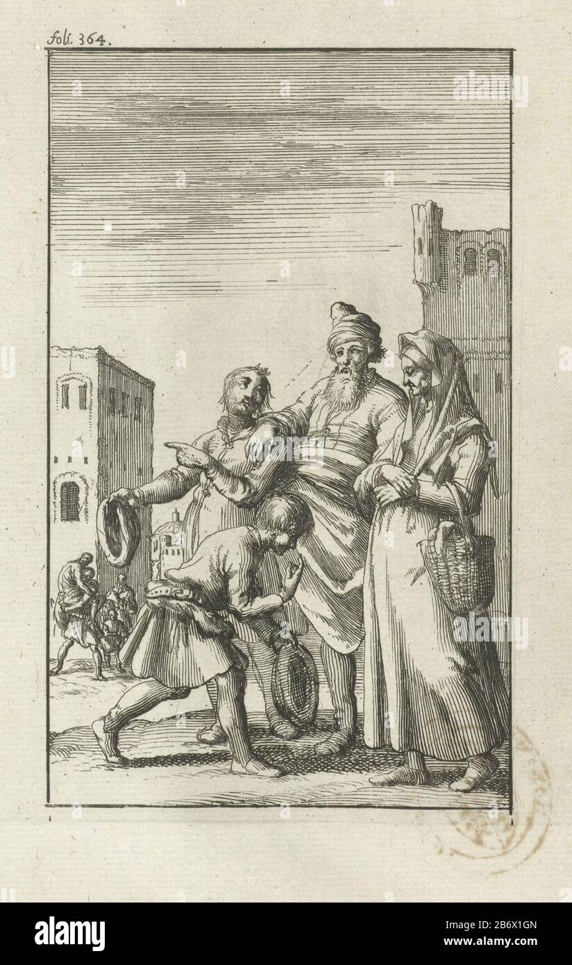 Jongeman neemt zijn hoed af om een bejaard echtpaar te groeten Print top left labeled : foli 364. Fabricant : printmaker Jan Luyken Editeur: John Bouma Lieu de fabrication: Amsterdam Date: 1685 Caractéristiques physiques: Matériel de gravure: Technique du papier: Dimensions de gravure: Feuille: H 153 mm × W 97 mmTopelichtillustratie out: Hondorffius, Andreas. Les dix commandements du Seigneur. Amsterdam : John Bouman, 1685. Objet: Barrer la tête, soulever un chapeau Banque D'Images