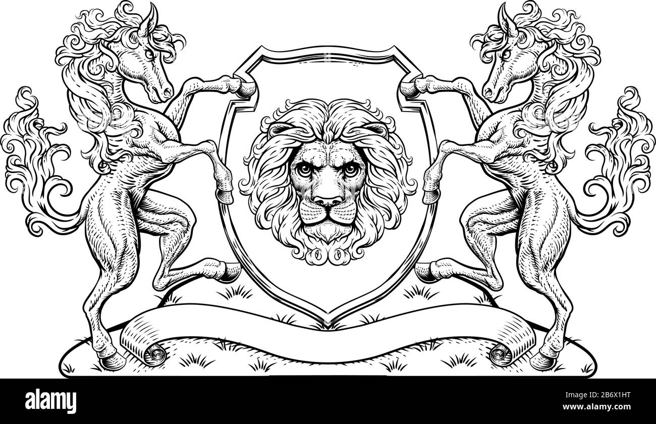Écusson Manteau D'Armoiries Horse Lion Family Shield Seal Illustration de Vecteur