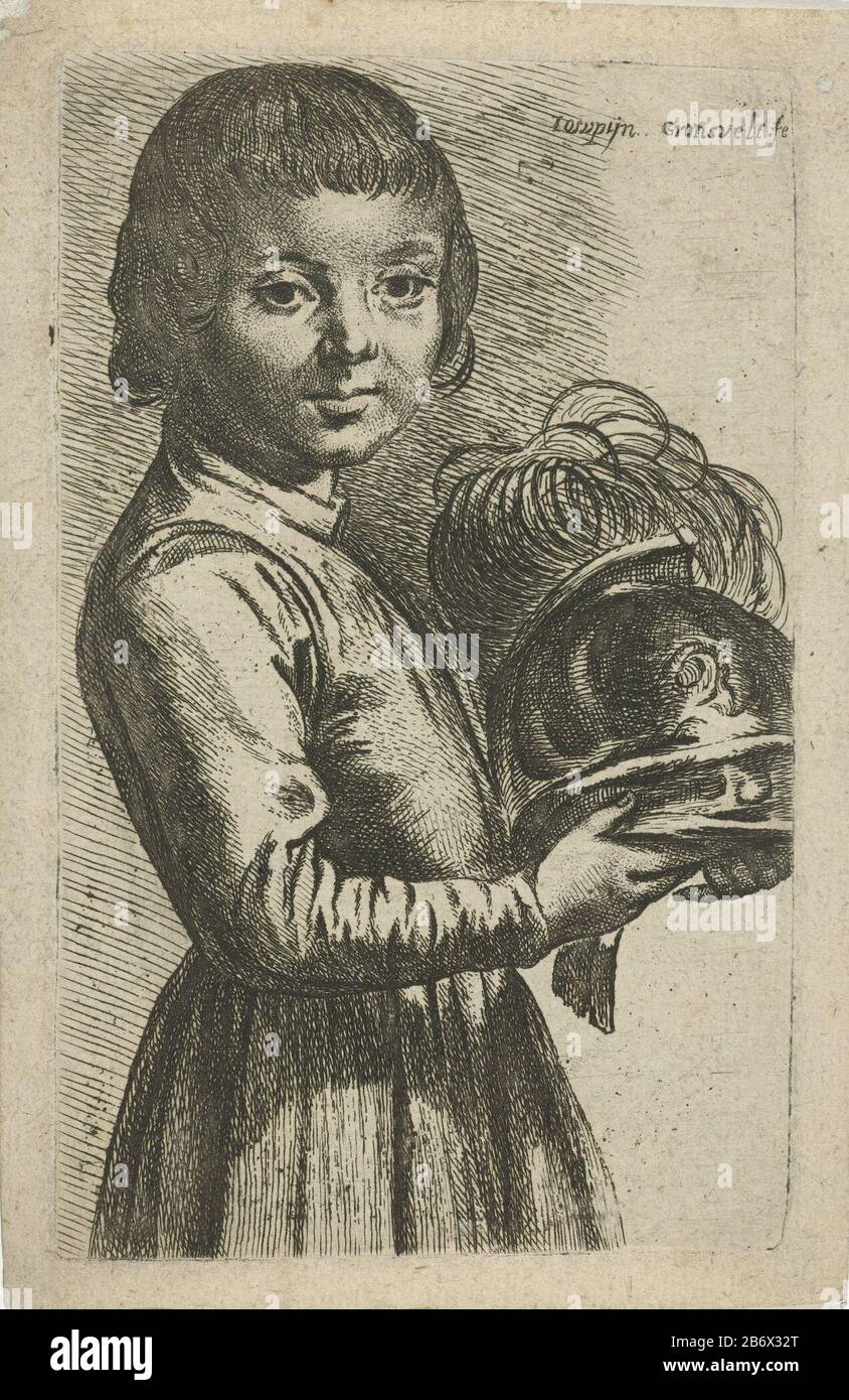 Jongen a rencontré Helm Boy à mi-longueur, à droite avec un casque grec avec panache dans ses mains . Fabricant : Print maker: Johannes Gronsveld (indiqué sur l'objet) Lieu de fabrication: Amsterdam Date: 1679 - 1728 Caractéristiques physiques: Gravure et engraissement matériau: Papier technique: Gravure / engraissement (impression) mesures: Bord de la plaque: H 129 mm × b 79 mm Objet: Casque Banque D'Images