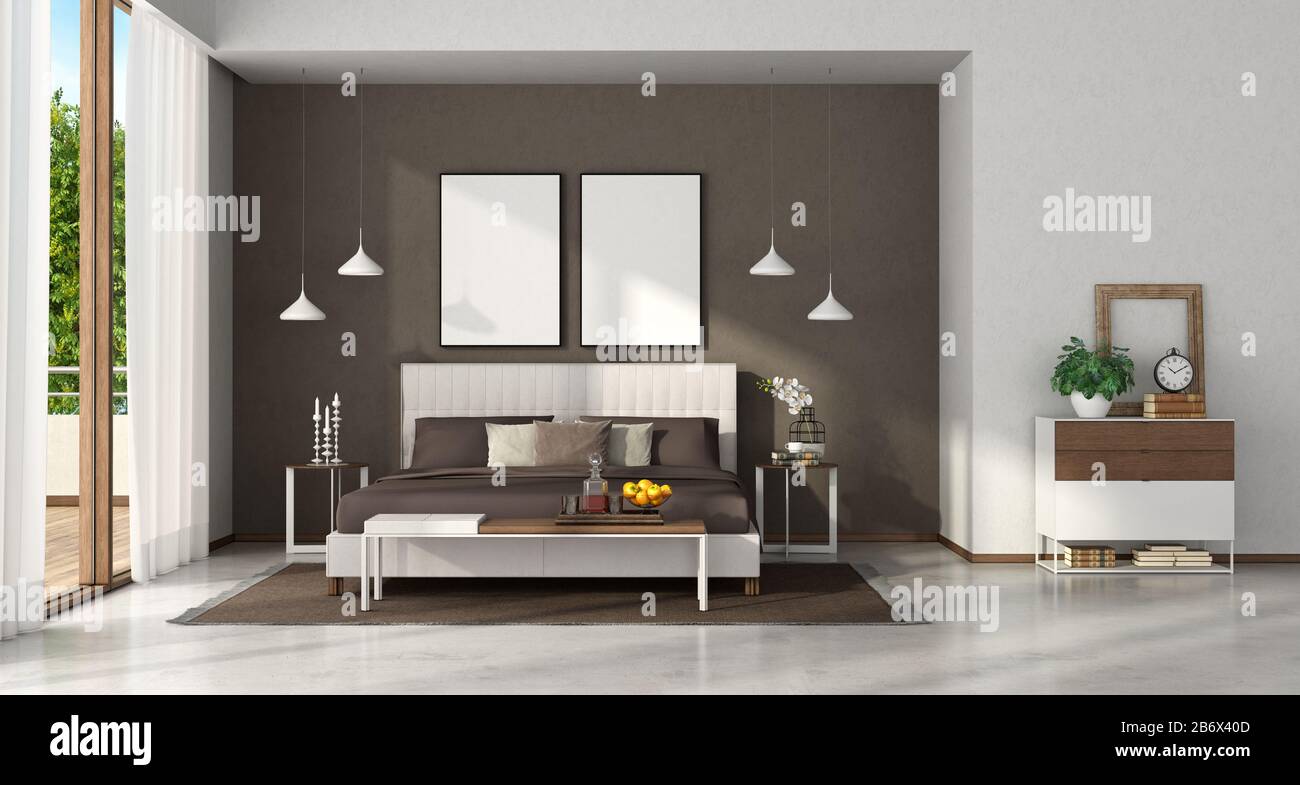 Chambre principale moderne avec élégant double pliage, banc et commode - rendu tridimensionnel Banque D'Images