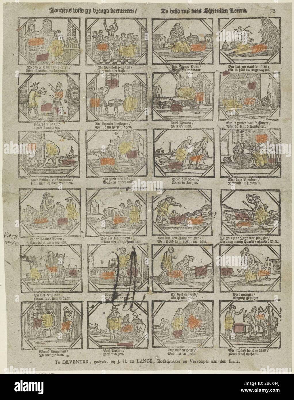 Jongens Wild gy vreugd vermeeren Zo Wild ras dees spreuken leeren (titel op object) Boys Wild gy joy vermeeren / So Wild race dees sorts saved (title object) Type de propriété: Print People Picture Numéro d'article: RP-P-1898-A 20045 Inscriptions / marques: Collector's Mark, verso, estampées: Lugt 2166opschrift , recto, manuscrit à l'encre brune: Description illisible: Feuille avec 24 représentations de proverbes et d'expressions. Sous chaque image, un verset à deux lignes. Numéroté en haut à droite : 73. Fabricant : Éditeur: Jan Hendrik de Lange (bâtiment classé) printmaker: Fabrication anonyme: Éditeur: DEVE Banque D'Images