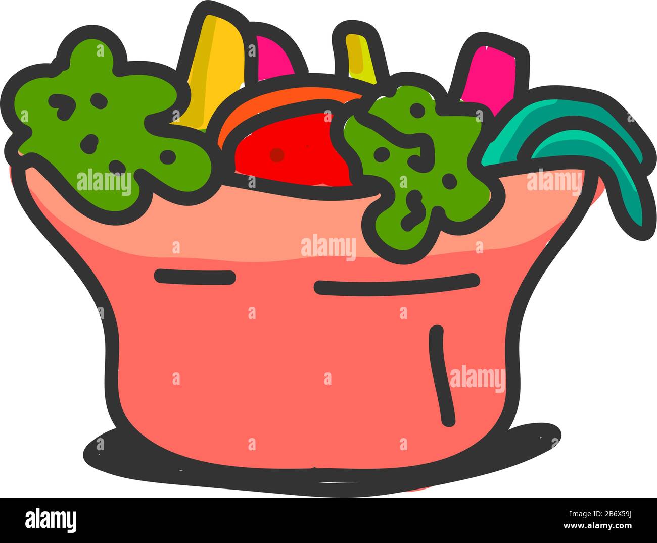 Salade dans un bol rouge, illustration, vecteur sur fond blanc. Illustration de Vecteur