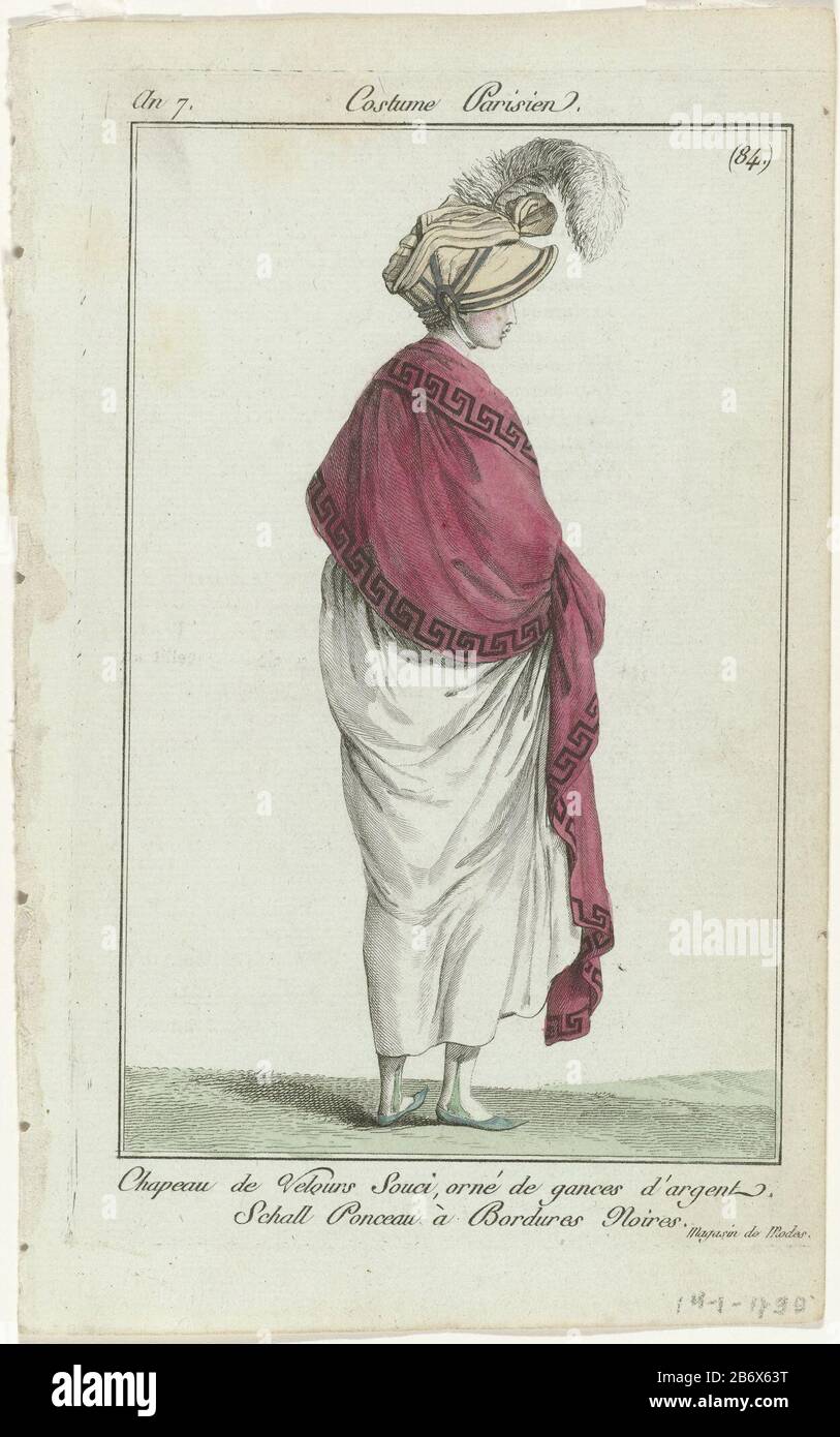 Journal des Dames et des modes, Costume Parisien, 14 janvier 1799, An 7, (84) chapeau de velours Souc () femme debout vue du dos, avec la tête un chapeau de velours décoré de plumes d'autruche et de 'Gances d'argent. Aux épaules un châle décoré de motifs de méandre brodés. Elle porte une robe, qu'elle a quitté le droit. Bas avec son contrasté. Chaussures plates avec nez pointé. L'image fait partie du magazine de mode Journal des Dames et des modes, édité par Sellièque, Paris, 1797-1839. Fabricant : printmaker: Éditeur anonyme: Sellèqueuitgever: Pierre de la MésangèreP Banque D'Images