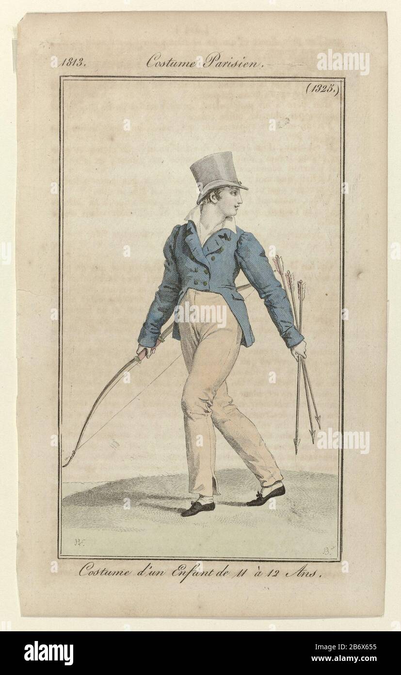 Journal des Dames et des modes, Costume Parisien, 15 juillet 1813, (1325) Costume d'un enfant () Boy courir à gauche, vêtu d'un costume approprié pour un enfant de onze à douze ans. Il porte une frak, une chemise et un pantalon long. À la tête d'un chapeau. Chaussures plates avec arcs. Bow et trois flèches dans les mains. La photo fait partie du magazine de mode Journal des Dames et des modes, publié par Pierre de la Mésangère, Paris, 1797-1839. Fabricant : printmaker: Pierre Charles Baquoy (propriété cotée) à dessin: Horace Vernet (objet coté ), éditeur: Pierre de la Mésangèreats plama Banque D'Images