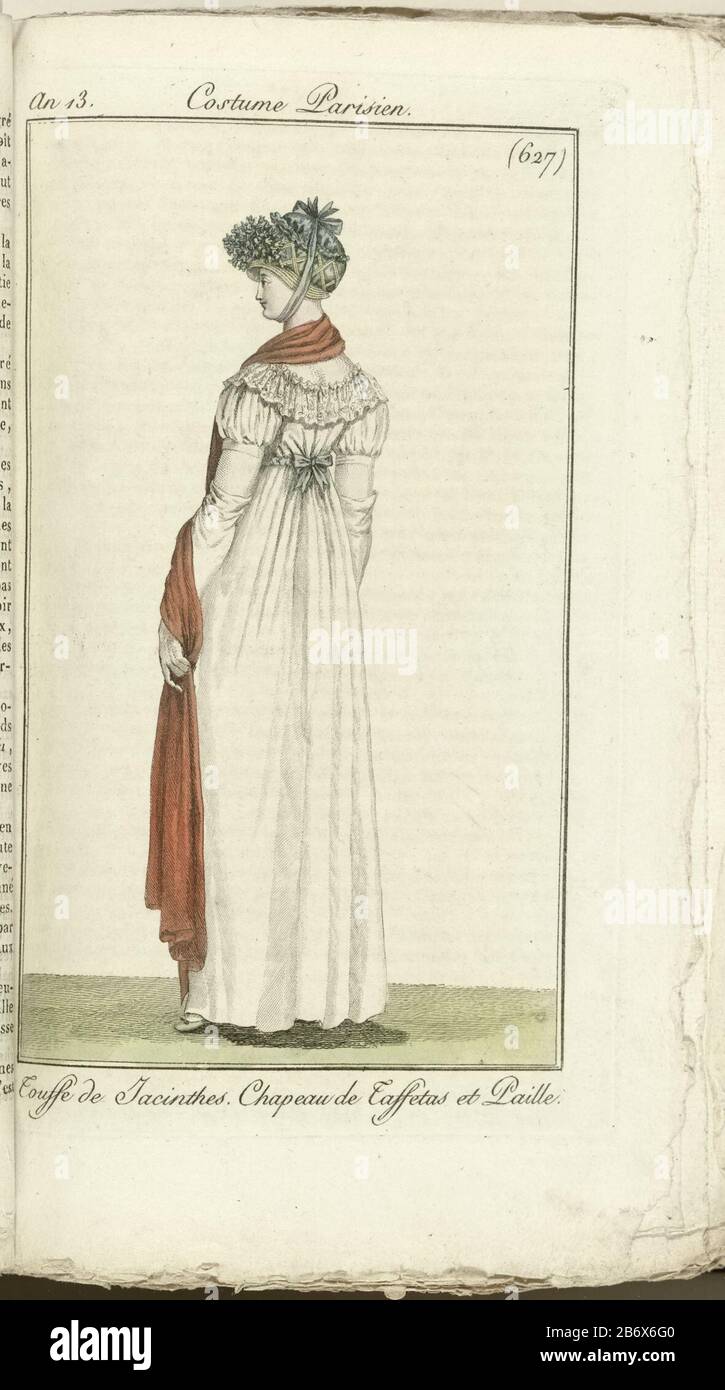 Journal des Dames et des modes, Costume Parisien, 1805, An 13 (627) Touffe  de Jacinthes femme vue du dos, en robe blanche avec manches courtes  bouffées, un ruban bleu avec un noeud