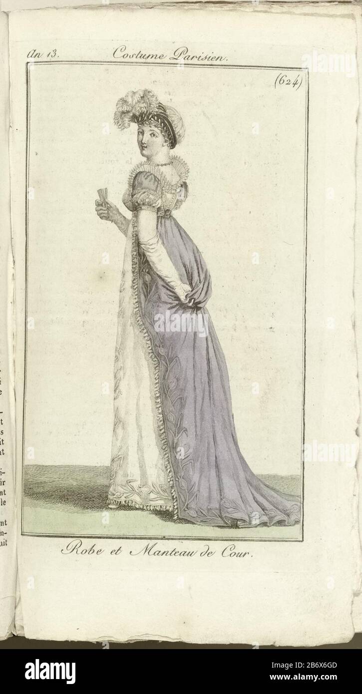 Journal des Dames et des modes, Costume Parisien, 1805, An 13 (624) Robe et  Manteau de Cour Femme gauche, vêtu d'une robe de cour: Un col blanc  hofjapon avec bord, où: Un
