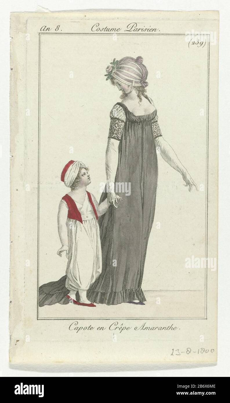 Femme à la tête d'une capote 'crêpe Amaranthe'. Elle porte une robe avec encolure, taille haute et traînée. Sur la main un garçon en enfants: Pack avec pantalon de harem et gilet sans manches (?). Sur la tête un turban. La photo fait partie du magazine de mode Journal des Dames et des modes, publié par Pierre de la Mésangère, Paris, 1797-1839. Fabricant : printmaker: Éditeur anonyme: Pierre de la MésangèrePlaats fabrication: Paris Date: 1800 Caractéristiques physiques: Engraa, matière de couleur manuelle: Technique du papier: Engraa (procédé d'impression) / mesures de couleur à la main: Bord de la plaque: H 183 mm (bord de la plaque à Banque D'Images