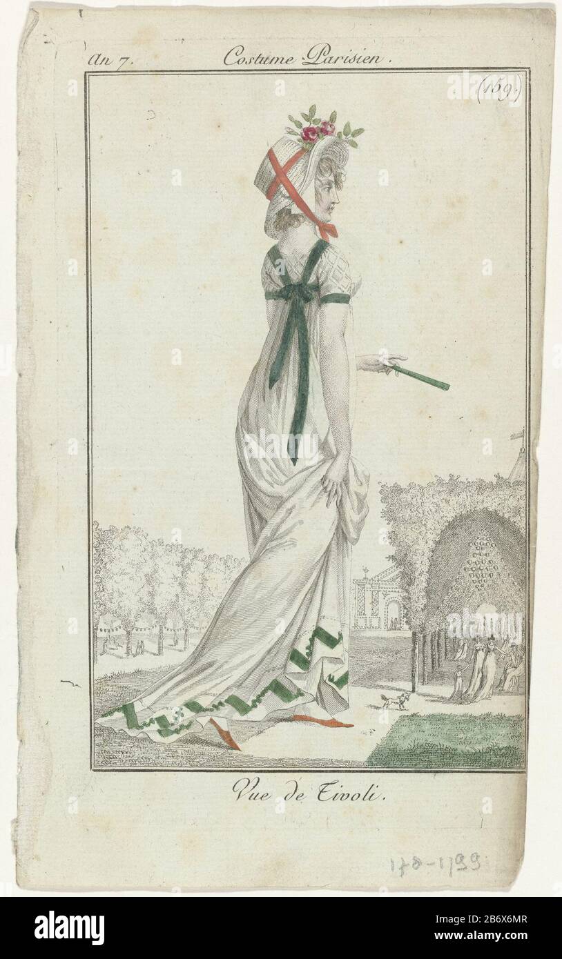 Journal des Dames et des modes, Costume Parisien, 22 septembre 1799, An 7, (159) vue de Tivoli F, vue de la moitié arrière, traversant les jardins de Tivoli, vêtu d'une robe avec un corsage à damier. Ruban Gestrikt à l'arrière, zoom décoré avec un motif géométrique. Manches courtes et traînée. Accessoires: Chapeau décoré de fleurs, ventilateur, chaussures plates avec nez pointu. Avec la main droite, elle tient sa robe sur. La photo fait partie du magazine de mode Journal des Dames et des modes, publié par Pierre de la Mésangère, Paris, 1797-1839. Fabricant : printmaker: Éditeur anonyme: Pierr Banque D'Images