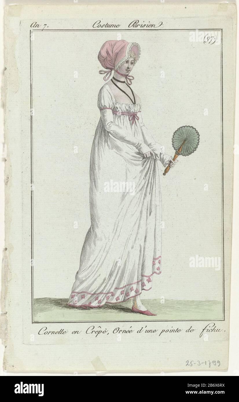 Femme marchant à droite, avec la tête une cornette de crêpe ornée d'une pointe fichu. Elle porte une robe à la taille haute et à l'encolure. Avec la main droite, elle tient sa robe sur. La gamme de bras gauche. Patins plats à nez pointu. L'image fait partie du magazine de mode Journal des Dames et des modes, édité par Sellièque, Paris, 1797-1839. Fabricant : printmaker: Éditeur anonyme: Sellèqueuitgever: Pierre de la MésangèrePlaats fabrication: Paris Date: 1799 Caractéristiques physiques: Engraa, matière de couleur manuelle : technique du papier: Engraa (processus d'impression) / mesures de couleur à la main: Feuille: H 1 Banque D'Images