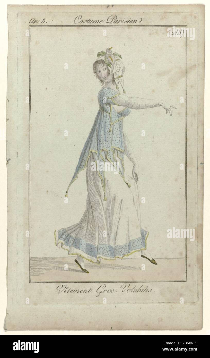 Danseuse vêtue d'un ensemble, 'Vêtant Grec. Volubilis. Elle porte une tunique en pointillés se terminant par des points, décorée de passepoil et de glands, déposée sur une jupe avec bordure correspondante. Bas. Accessoires: Chapeau parsemé de fleurs, gants longs, chaussures plates (?). La photo fait partie du magazine de mode Journal des Dames et des modes, publié par Pierre de la Mésangère, Paris, 1797-1839. Fabricant : printmaker: Éditeur anonyme: Pierre de la MésangèrePlaats fabrication: Paris Date: 1800 Caractéristiques physiques: Engraa, matière de couleur manuelle: Technique du papier: Engraa (processus d'impression) / ha Banque D'Images