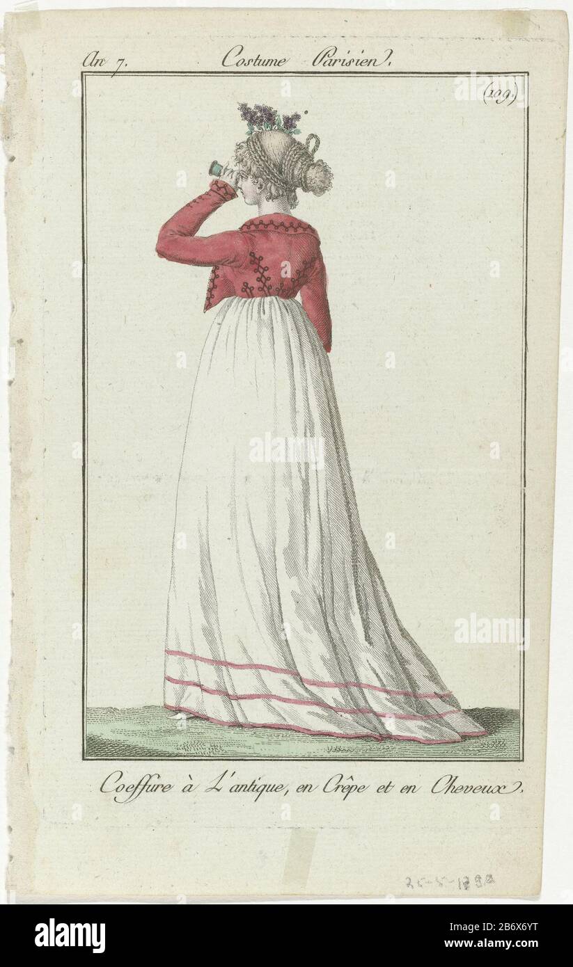 Femme debout vue de l'arrière, regardant par des jumelles. 'Coeffure à l'antique', composé de cheveux de crêpe. Elle porte une boucle spencer sur une jupe et un crochet. L'image fait partie du magazine de mode Journal des Dames et des modes, édité par Sellièque, Paris, 1797-1839. Fabricant : printmaker: Éditeur anonyme: Sellèqueuitgever: Pierre de la MésangèrePlaats fabrication: Paris Date: 1799 Caractéristiques physiques: Engraa, matière de couleur manuelle : papier technique: Engraa (procédé d'impression) / mesures de couleur à la main: Feuille: H 199 mm × W 126 mm (feuille à droite coupée à un angle) Subj Banque D'Images
