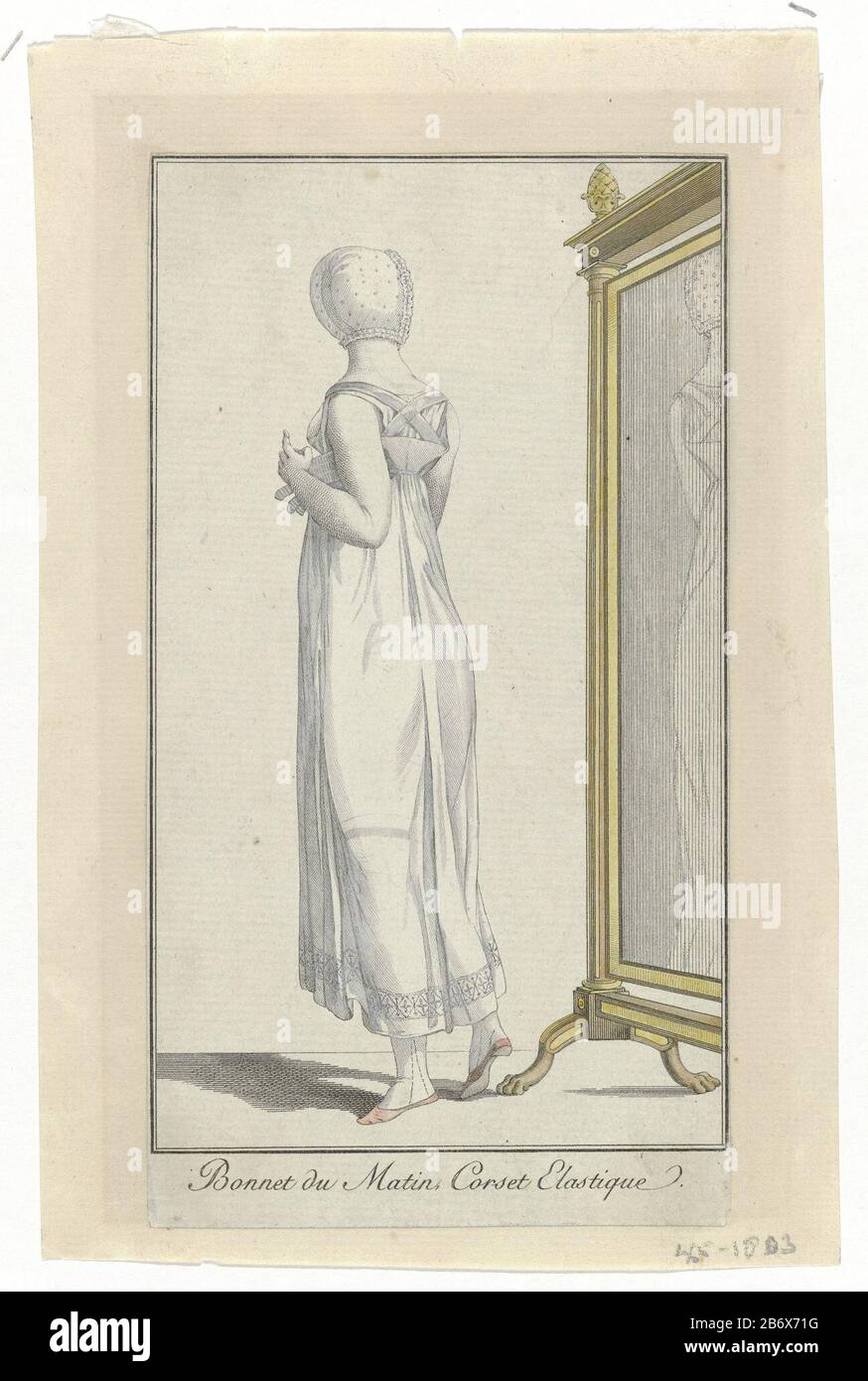 Journal des Dames et des modes, Costume Parisien, 4 mars 1803, An 11, (467) Bonnet du Matin () F, vu du dos, permettant un miroir pleine longueur. Elle porte un corset élastique sur une « chemise ». Sur sa tête, une casquette parsemée le matin. Bas et chaussures plates avec nez pointu. La photo fait partie du magazine de mode Journal des Dames et des modes, publié par Pierre de la Mésangère, Paris, 1797-1839. Fabricant : printmaker: Éditeur anonyme: Pierre de la MésangèrePlaats fabrication: Paris Date: 1803 Caractéristiques physiques: Engrala, matière de couleur manuelle: Technique du papier: Engraa (printi Banque D'Images