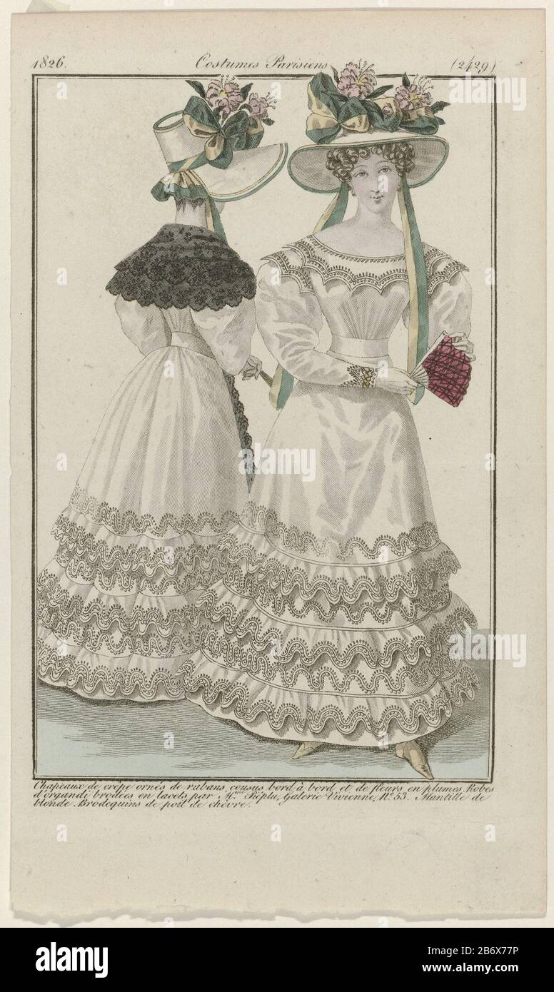 Deux femmes, dont une sur le dos vu en organdy robes brodées avec des 'lacets' par Péplu. Blond (dentelle à la bobine). Chapeaux en crêpe, décorés de rubans et de fleurs. Bottes de chèvre. Autres accessoires : boucles d'oreilles, gants, gamme de plaid. Imprimer le magazine de mode Journal des Dames et des modes (1797-1839) . Fabricant : printmaker: Éditeur anonyme: Pierre de la MésangèrePlaats fabrication: Paris Date: 1826 Caractéristiques physiques: Engrala, matière de couleur manuelle: Technique du papier: Engraa (impression) / par mesure de couleur à la main: Feuille: H 207 mm × W 127 mm Objet: Fashion pl Banque D'Images