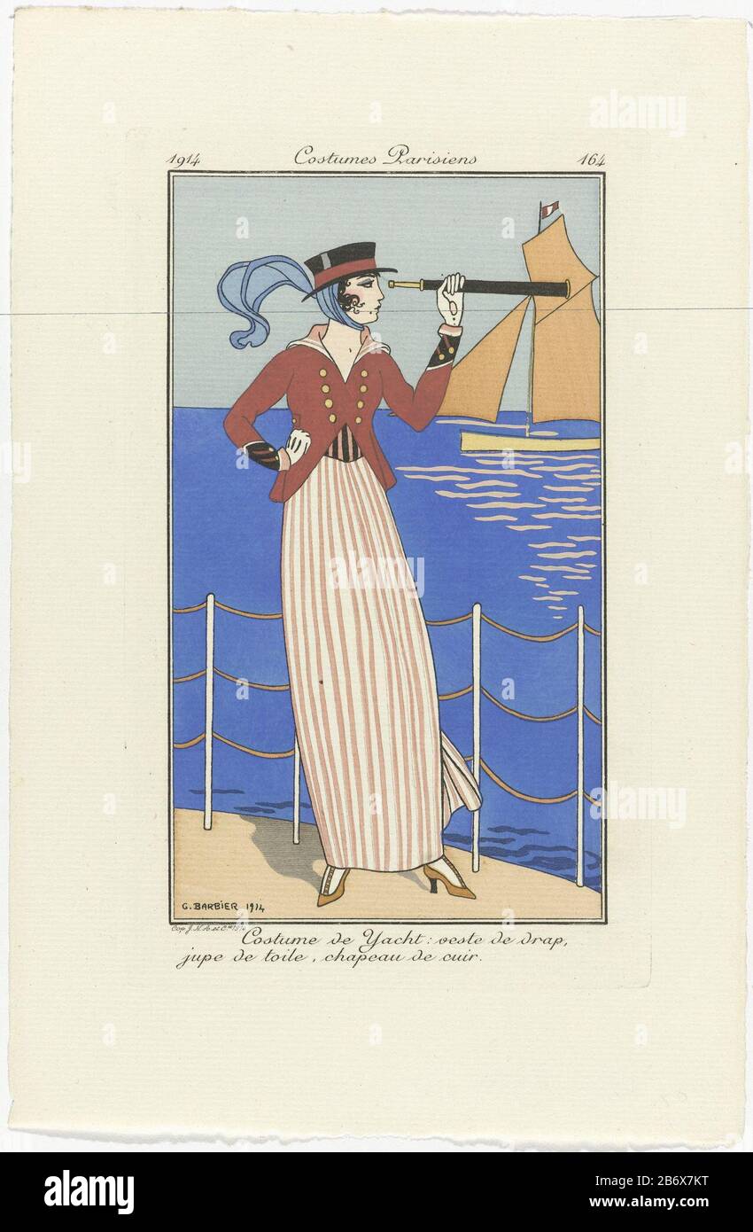 Journal des Dames et des modes, costumes Parisiens, 1914, No 164 Costume de Yacht Woman en costume de croisière: Veste en toile de jupe rayée. Chapeau en cuir. Jumelles à la main. En arrière-plan un bateau à voile. Imprimer le magazine de mode Journal des Dames et des modes (1912-1914) . Fabricant : au dessin: George Barbier (bâtiment classé) printmaker: Anonyme Date: 1914 Caractéristiques physiques: Engraa, avec modèles et matériaux de couleur: Papier technique: Engraa ( procédé d'impression) / couleur des mains / pochœur Dimensions: Bord de la plaque: H 177 mm × W 107 mm Sujet: Jupe de mode (+ W) Banque D'Images