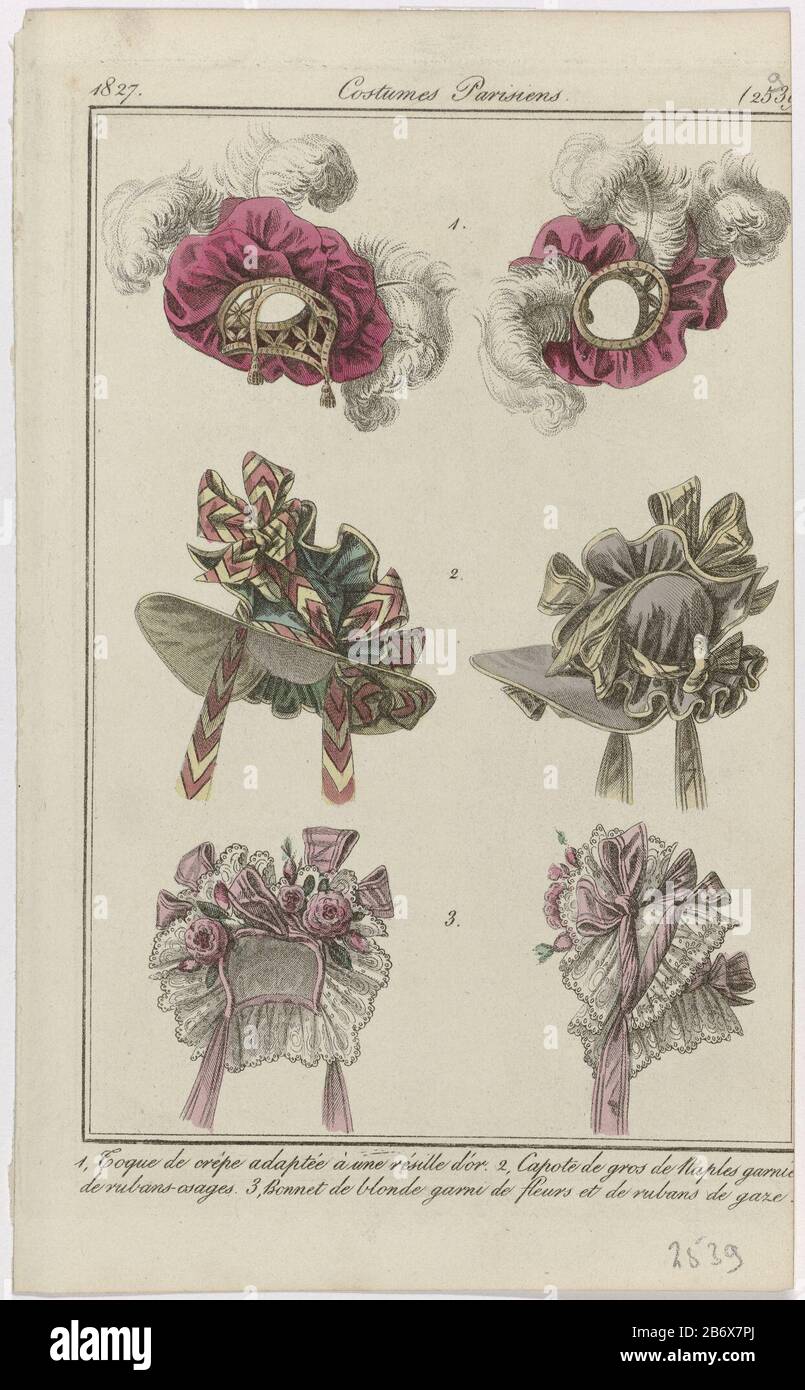 Trois coiffures Où : sont représentées à l'avant et à l'arrière, dans un cadre, numérotées de un à trois. 1, crêpe craque avec un filet de cheveux. 2 'Capote' de 'gros de Naples' décorées de rubans. 3 chapeau Blond (dentelle de bobine) décoré de fleurs et de rubans de tulile. La photo fait partie du magazine de mode Journal des Dames et des modes, publié par Pierre de la Mésangère, Paris, 1797-1839. Fabricant : printmaker: Éditeur anonyme: Pierre de la MésangèrePlaats fabrication: Paris Date: 1827 Caractéristiques physiques: Engrala, matière de couleur manuelle: Technique du papier: Engraa (procédé d'impression) / mesure de couleur de la main Banque D'Images