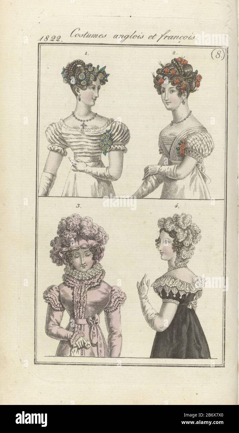 Le texte d'accompagnement (p. 215-216) état : Fig. 1-3: Costumes français. Fig. 1: Coupe de cheveux décorée de chrysanthèmes. Robe de boule de gaze, le corsage et les manches décorées avec des remplis. Gants blancs. Fig. 2: Coiffure décorée avec des fleurs cardinales et des pics dorés. Robe de tulipe avec un bovice gallo-grec '(corps). Gants blancs. Fig. 3: Papier crêpe Kelly décoré de plumes d'autruche. Redingote du gros de Naples, surmontée d'une crêpe. Gants blancs. Fig. 4: Mode anglais. Coiffure Où : derrière sur la voie grecque tressée et blessure à la tête; petites boucles sur le front. Ve Banque D'Images