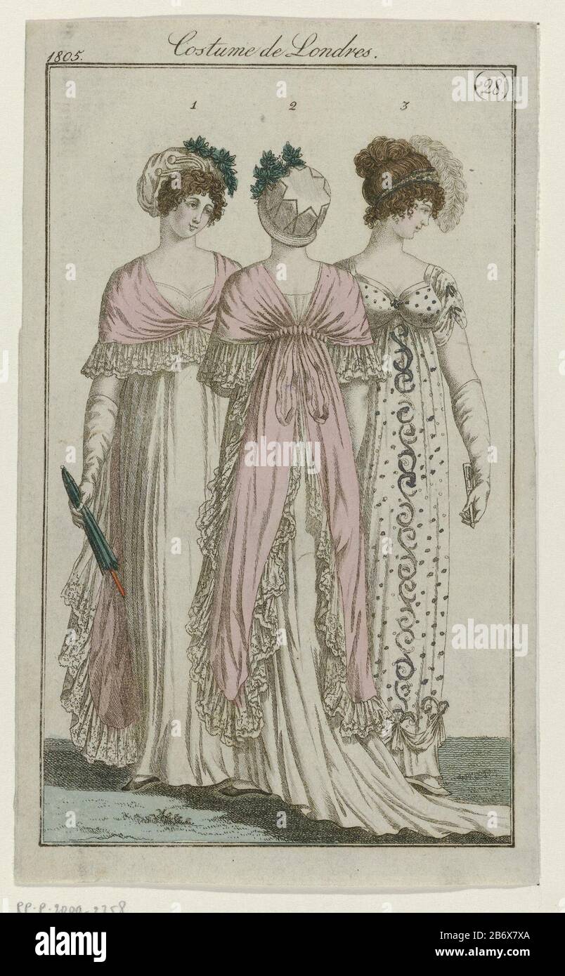 Journal des Dames et des modes, édifice Frankfurt 1805, Costume de Londres,  (28) Trois femmes debout, numérotées 1, 2 et 3. La femme du milieu est la  même que la première, mais