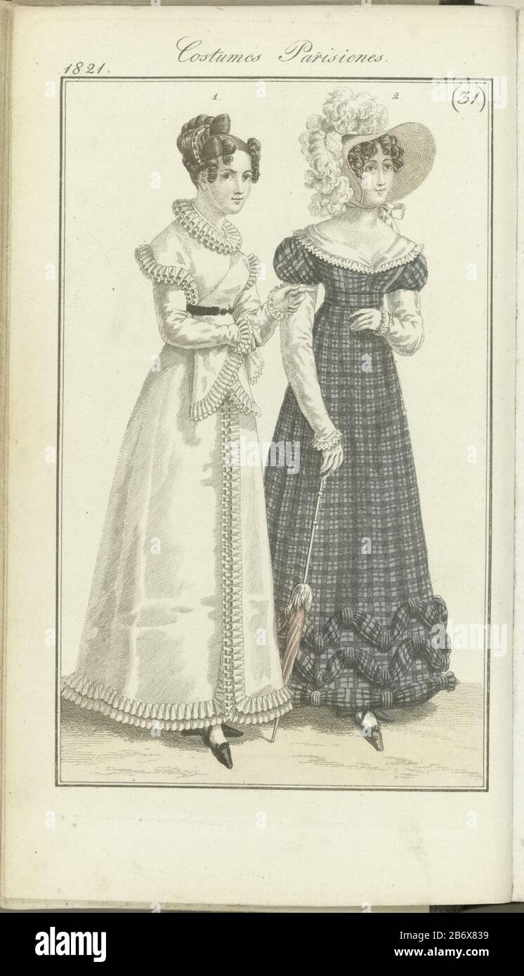 Journal des Dames et des modes, édifice Frankfurt 29 juillet 1821, costumes  Parisiens (31) le texte d'accompagnement se referme (p 143.): Fig. 1: Coupe  de cheveux ornée d'une crête d'acier. Redingote et