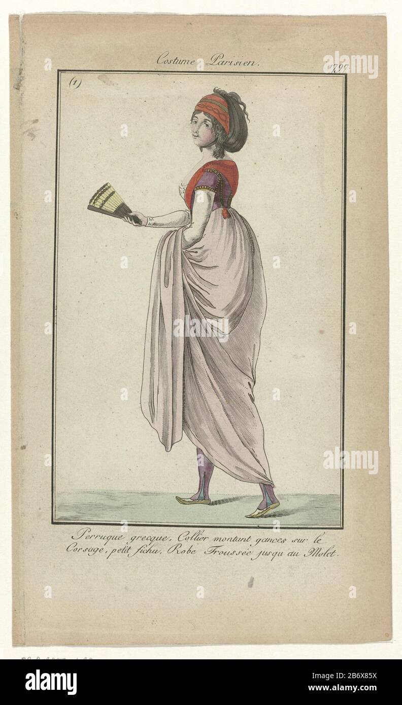Journal des Dames, Costume Parisien, juin 1797 (1) Perruque grecqu () 'Perruque grecque. Japon en style Empire avec manches courtes et châle. Bas de couleur et chaussures plates avec nez pointu ; portée dans la main. Première photo de la revue de mode Journal des Dames, publiée par Sellèque, Paris, 1797-1839. Fabricant : printmaker: Éditeur anonyme: Sellèqueuitgever: Pierre de la MésangèrePlaats fabrication: Paris Date: 1797 Caractéristiques physiques: Engraa, matière de couleur manuelle: Technique du papier: Engrala ( procédé d'impression) / mesures de couleur à la main: Feuille: H 216 mm × W 130 mm Sujet: Fashi Banque D'Images